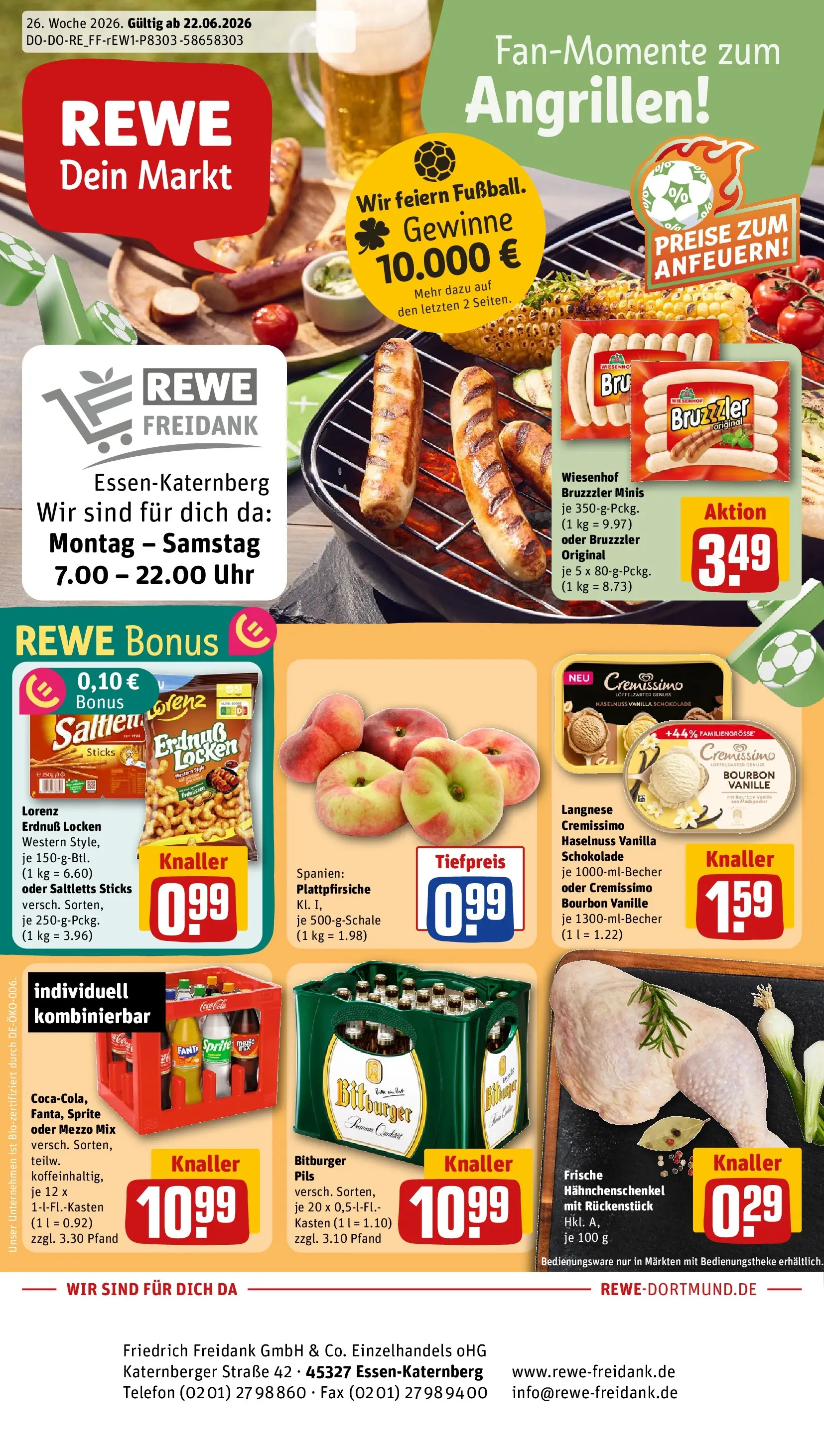 REWE Prospekt ab 22.06.2026 zum Blättern » Angebote | Seite: 1 | Produkte: Bitburger, Langnese cremissimo, Fanta, Bourbon