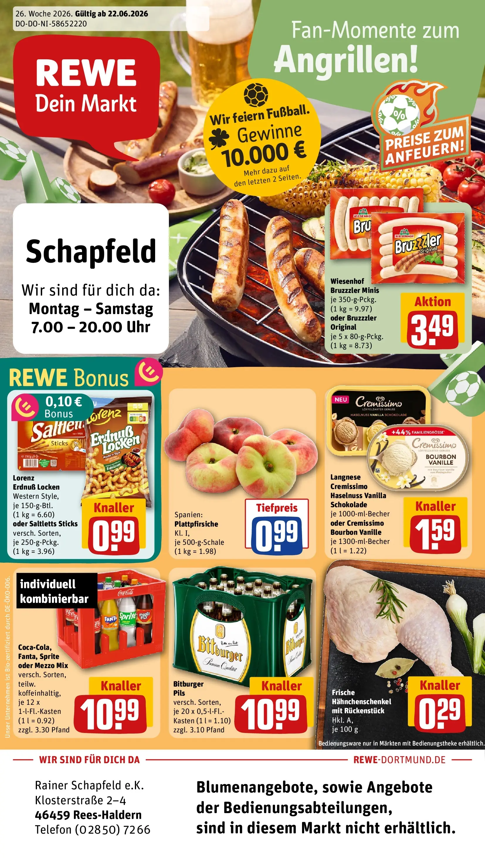 REWE Prospekt ab 21.06.2026 zum Blättern » Angebote | Seite: 1 | Produkte: Langnese, Langnese cremissimo, Bourbon, Telefon