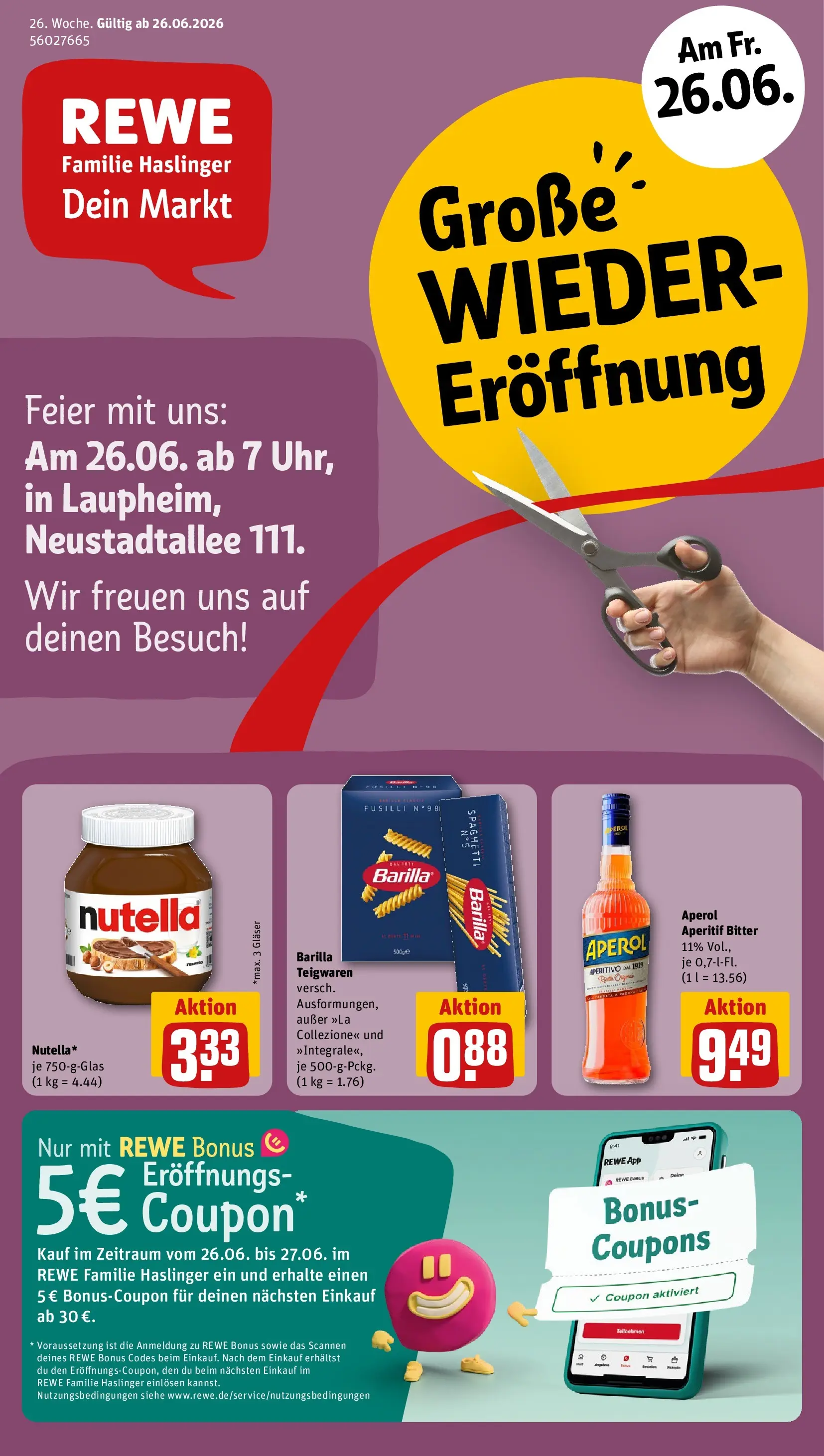 REWE Prospekt ab 21.06.2026 zum Blättern » Angebote | Seite: 1 | Produkte: Barilla, Nutella, Pasta, Aperol