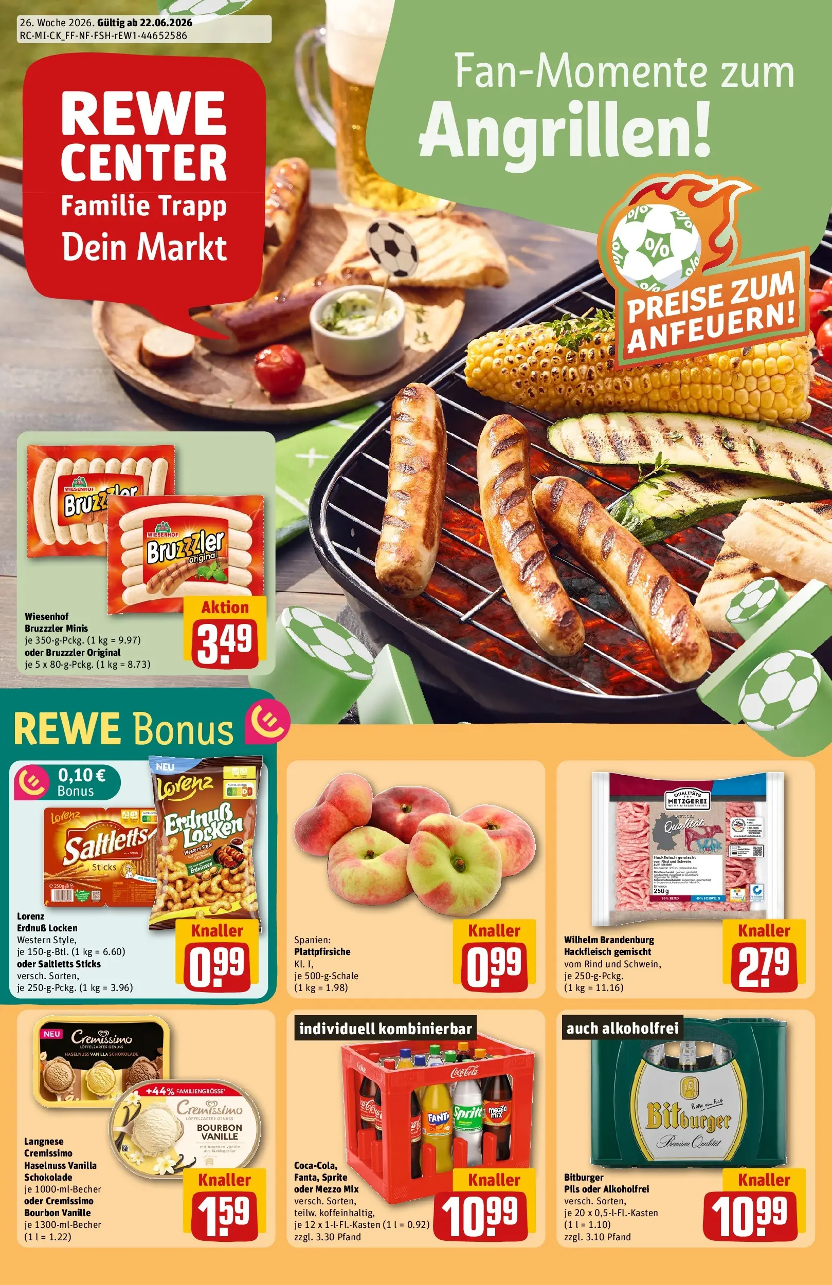 REWE Prospekt ab 21.06.2026 zum Blättern » Angebote | Seite: 1 | Produkte: Langnese, Langnese cremissimo, Mezzo mix, Hackfleisch