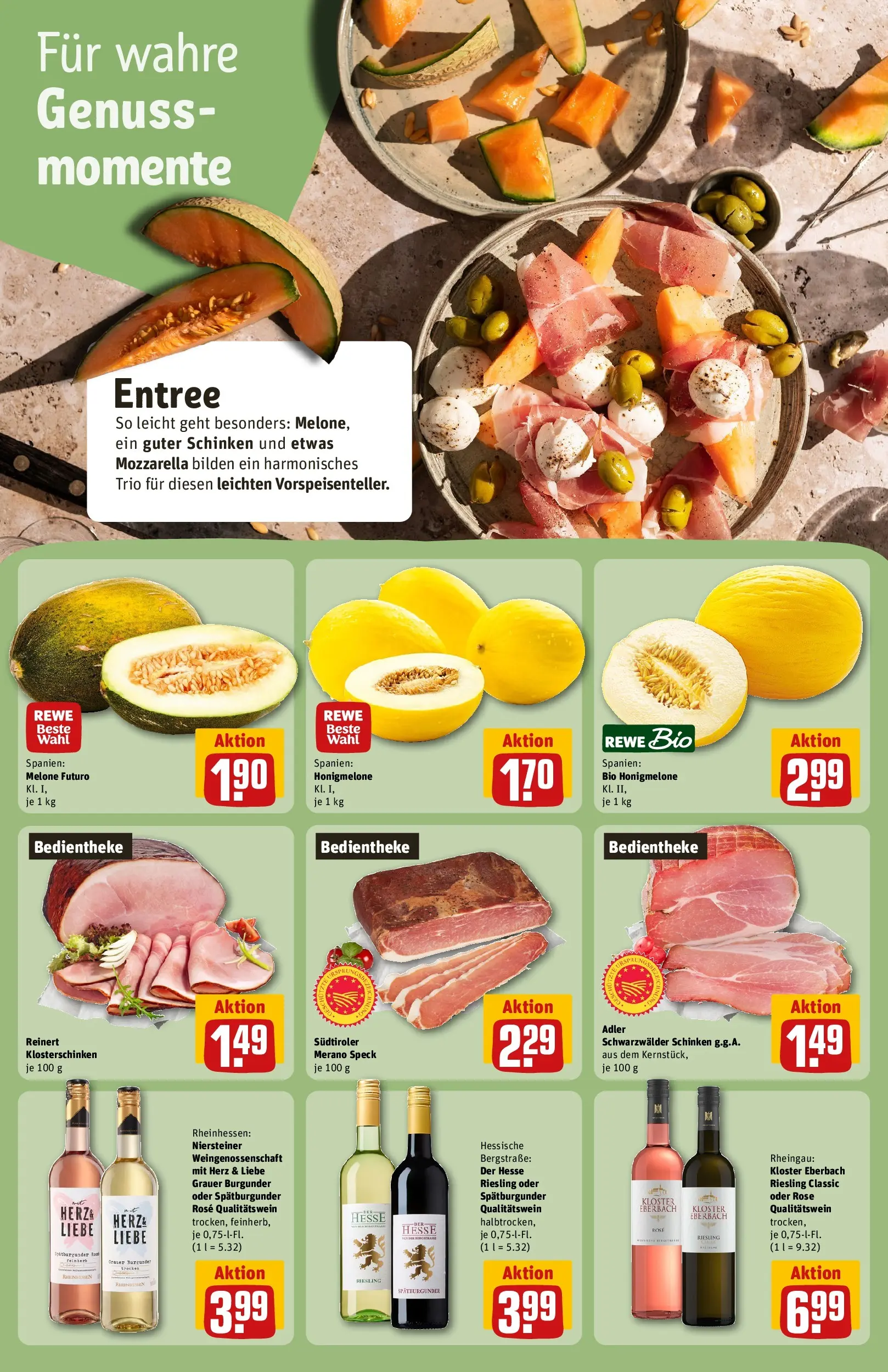 REWE Prospekt ab 21.06.2026 zum Blättern » Angebote | Seite: 16 | Produkte: Mozzarella, Melone, Schinken, Wein