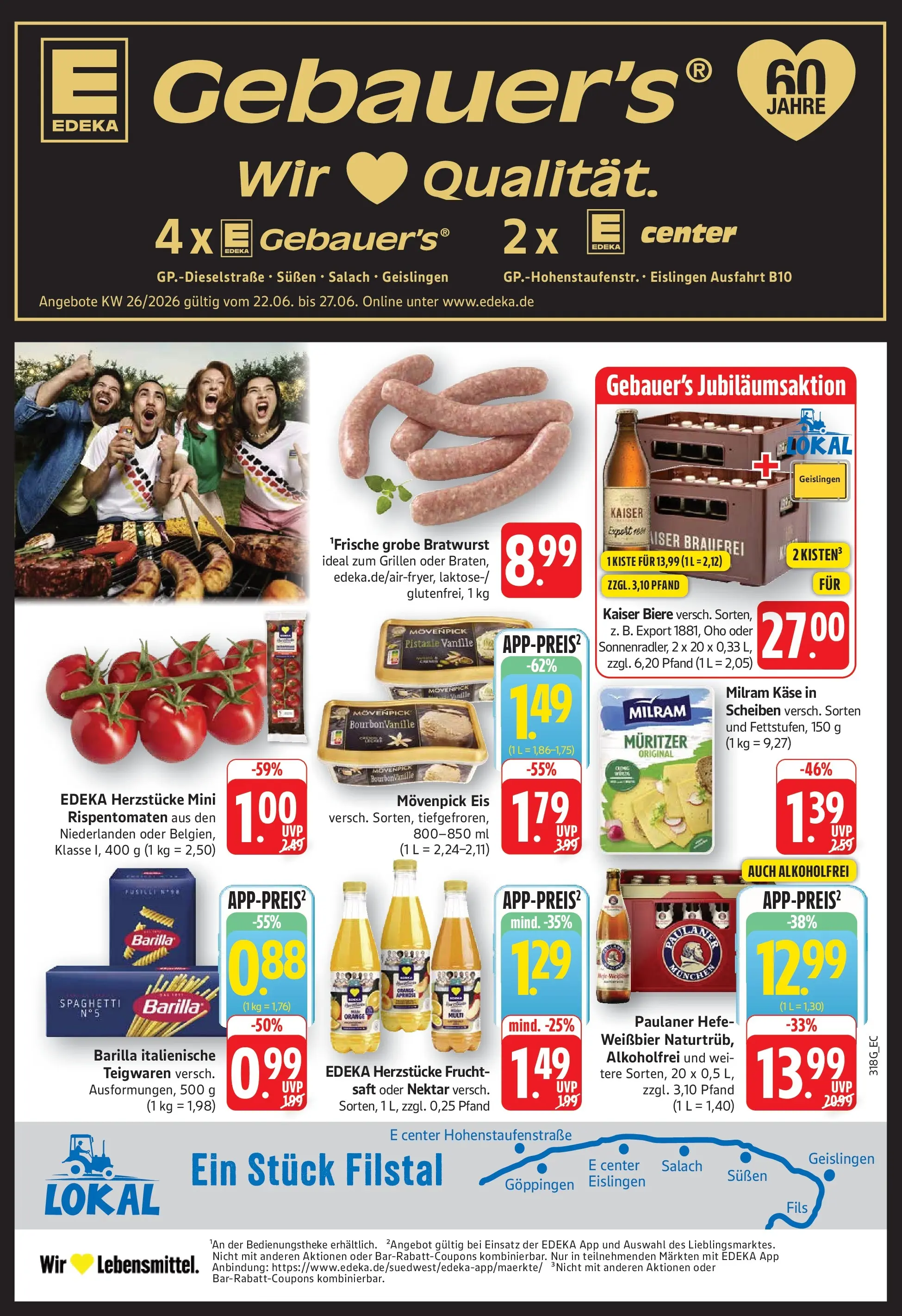 Edeka prospekt Göppingen (ab 21.06.2026) » Angebote Online | Seite: 1 | Produkte: Bratwurst, Movenpick eis, Milram, Pasta