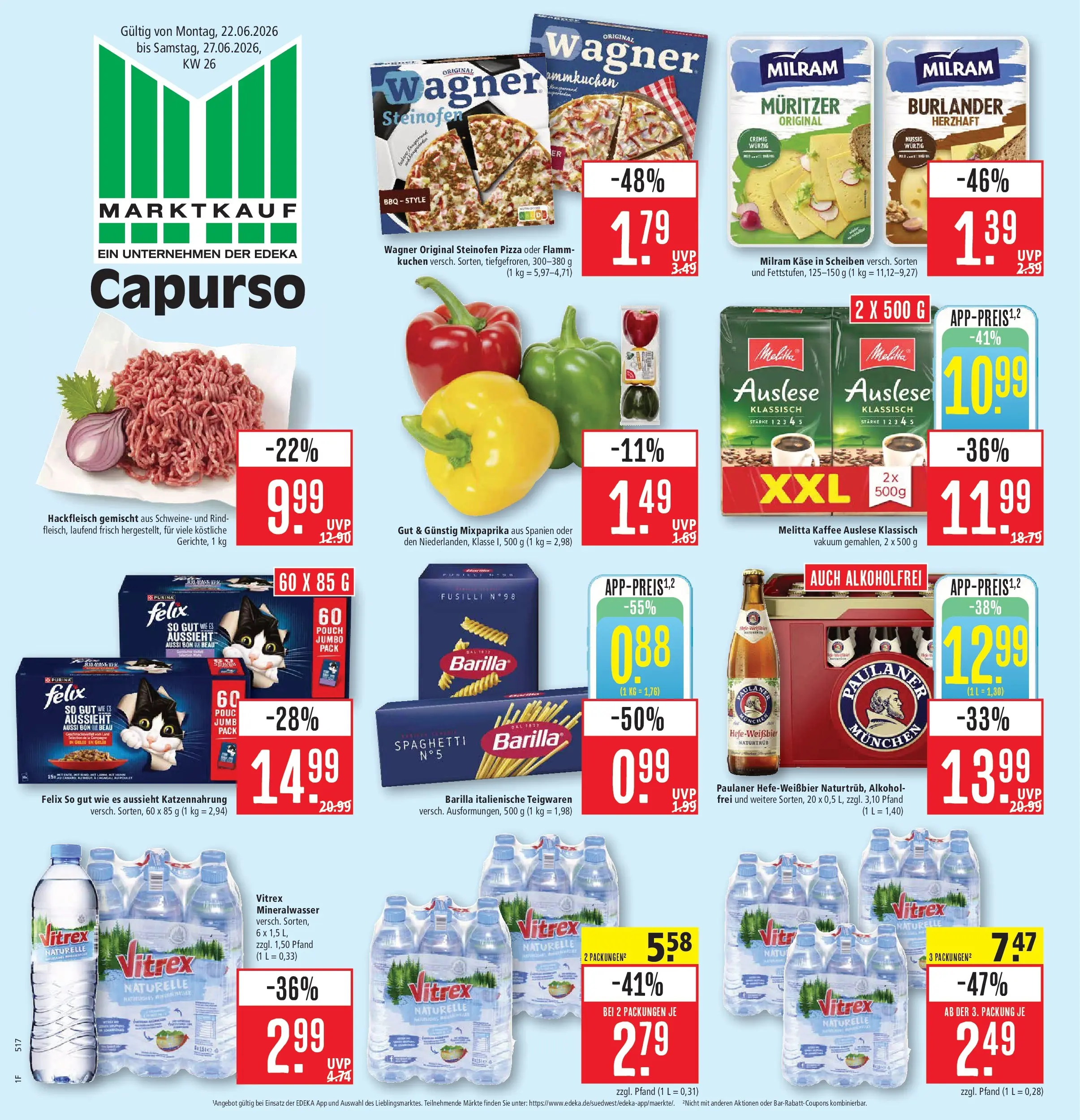 Marktkauf Prospekt Schorndorf (ab 21.06.2026) » Angebote online | Seite: 1 | Produkte: Mineralwasser, Pizza, Kuchen, Hackfleisch