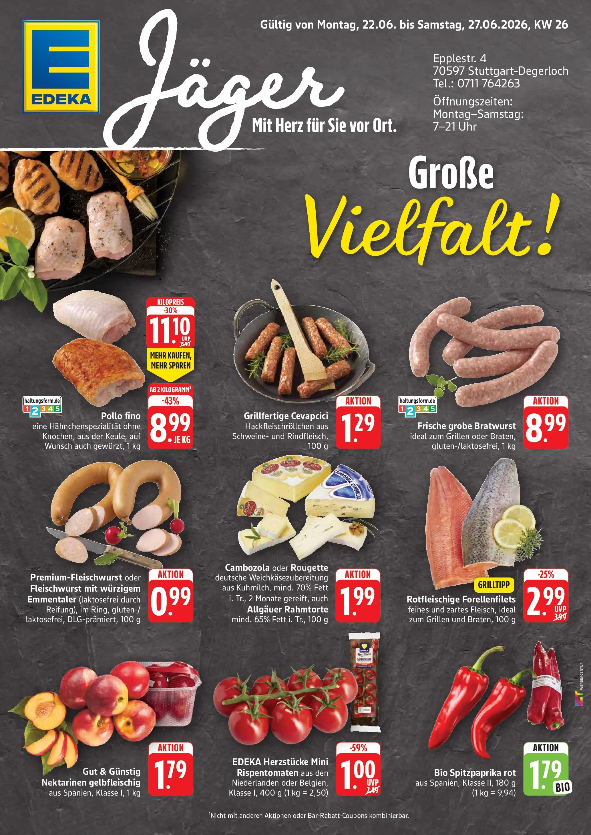 Edeka prospekt Stuttgart-Degerloch (ab 21.06.2026) » Angebote Online | Seite: 1 | Produkte: Bratwurst, Cevapcici, Tomaten, Uhr