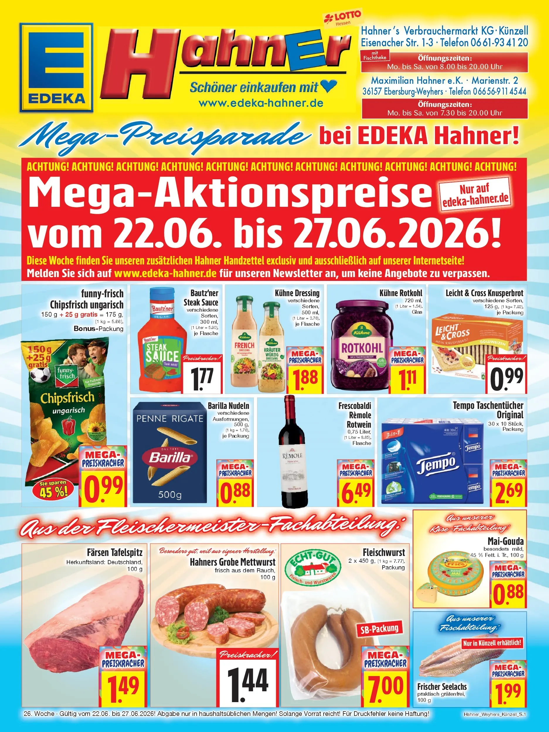 Angebote - Edeka Hahner: Wochenangebote (ab 21.06.2026) zum Blättern | Seite: 1 | Produkte: Tafelspitz, Rotkohl, Dressing, Telefon