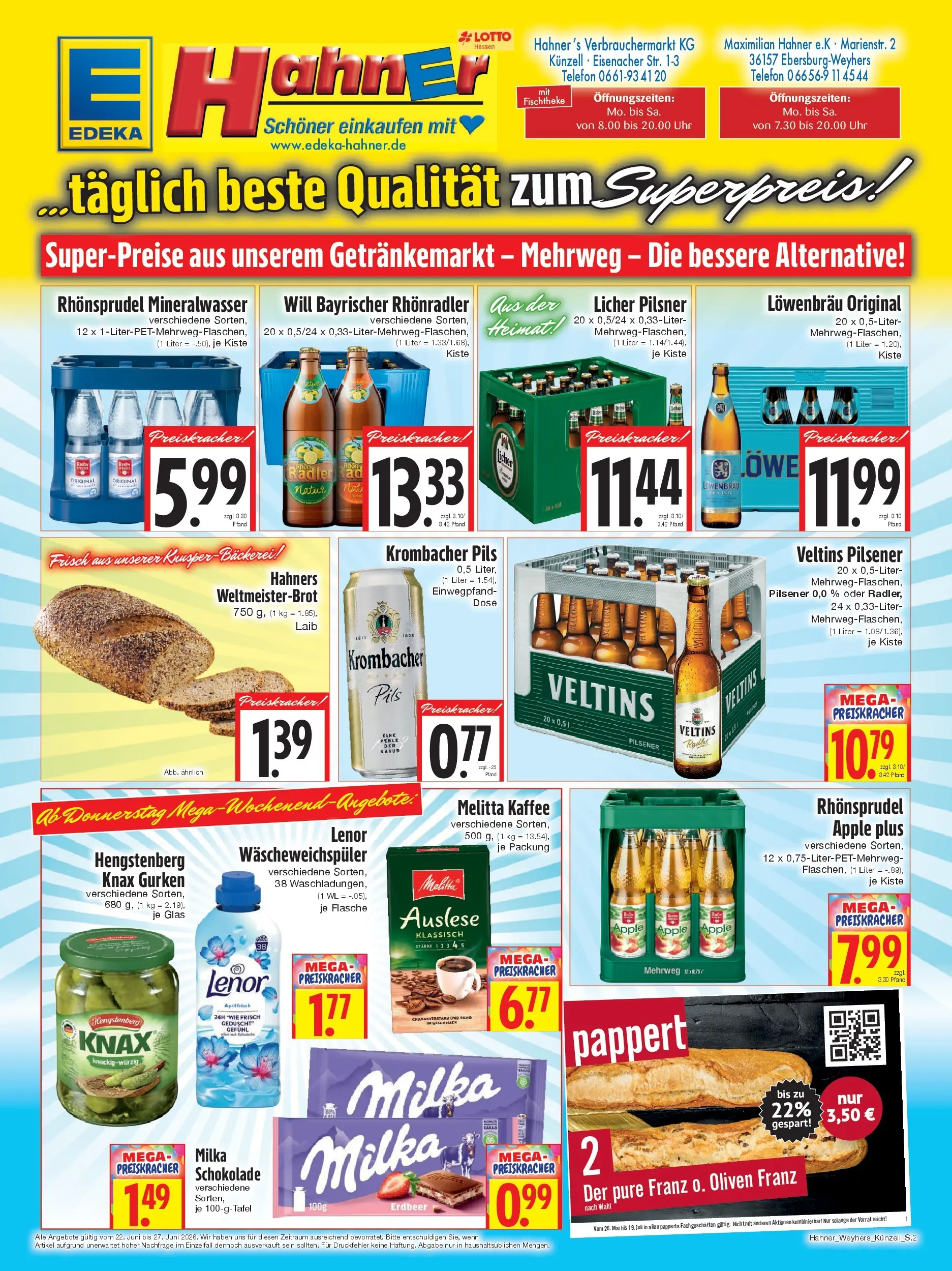 Angebote - Edeka Hahner: Wochenangebote (ab 21.06.2026) zum Blättern | Seite: 2 | Produkte: Lenor, Melitta kaffee, Radler, Telefon