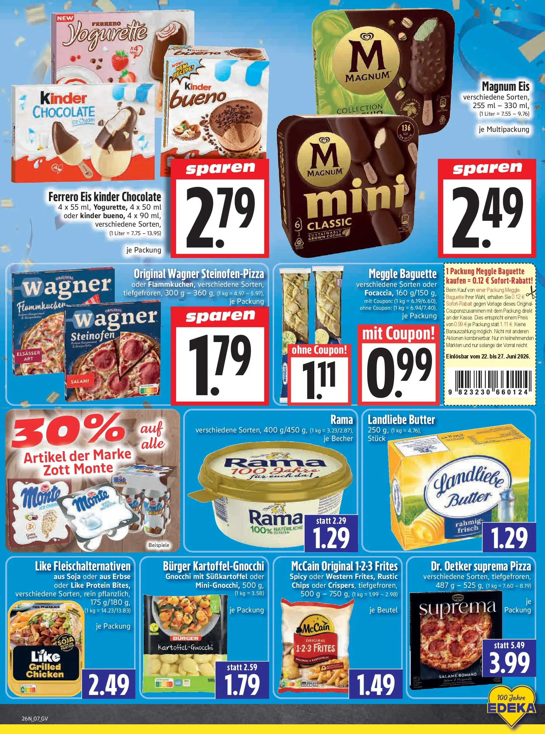 Angebote - Edeka Hahner: Wochenangebote (ab 21.06.2026) zum Blättern | Seite: 9 | Produkte: Landliebe butter, Baguette, McCain, Salami