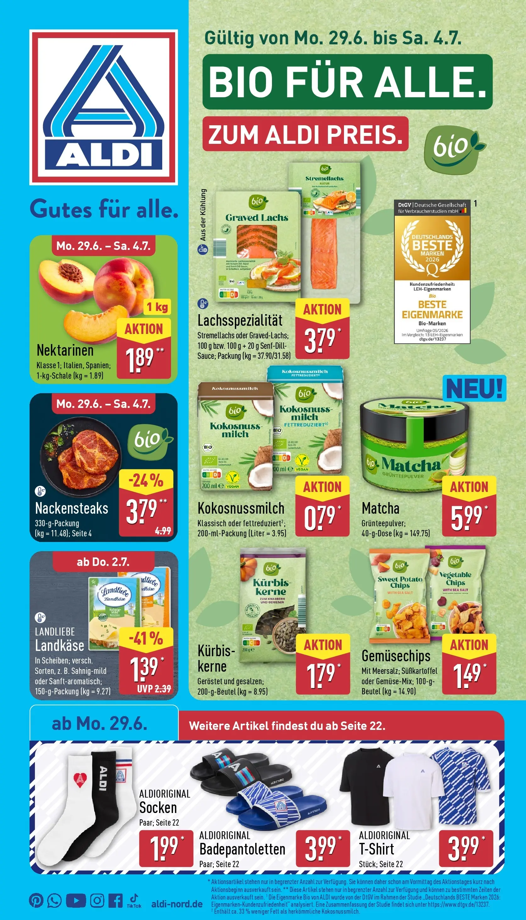 Aldi - ALDI Nord: Wochenangebote (ab 28.06.2026) » Angebote Online | Seite: 1 | Produkte: Nackensteaks, Nektarinen, Socken, Chips
