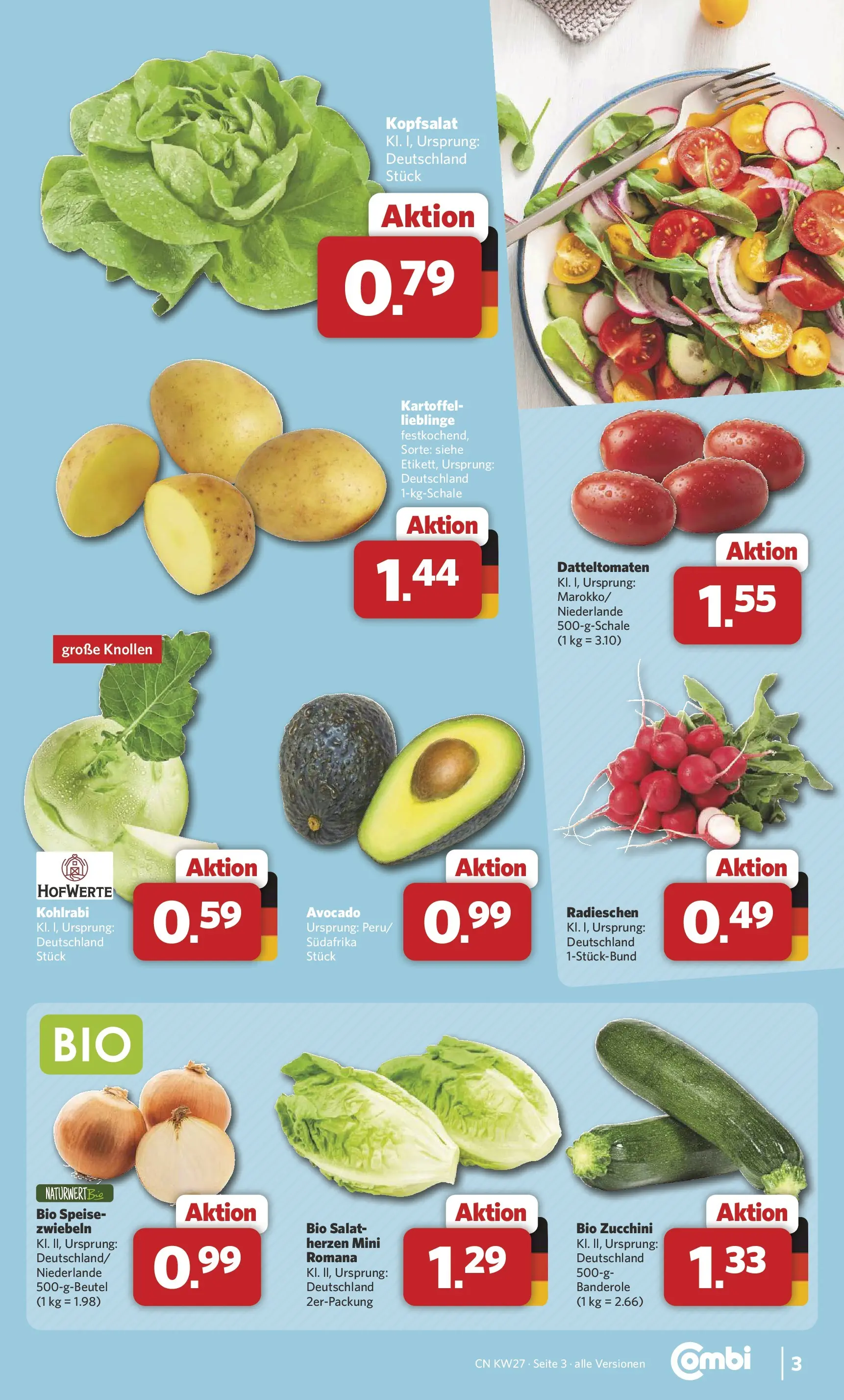 Combi Prospekt Cuxhaven (ab 29.06.2026) zum Blättern | Seite: 3 | Produkte: Kohlrabi, Avocado, Zucchini, Salat