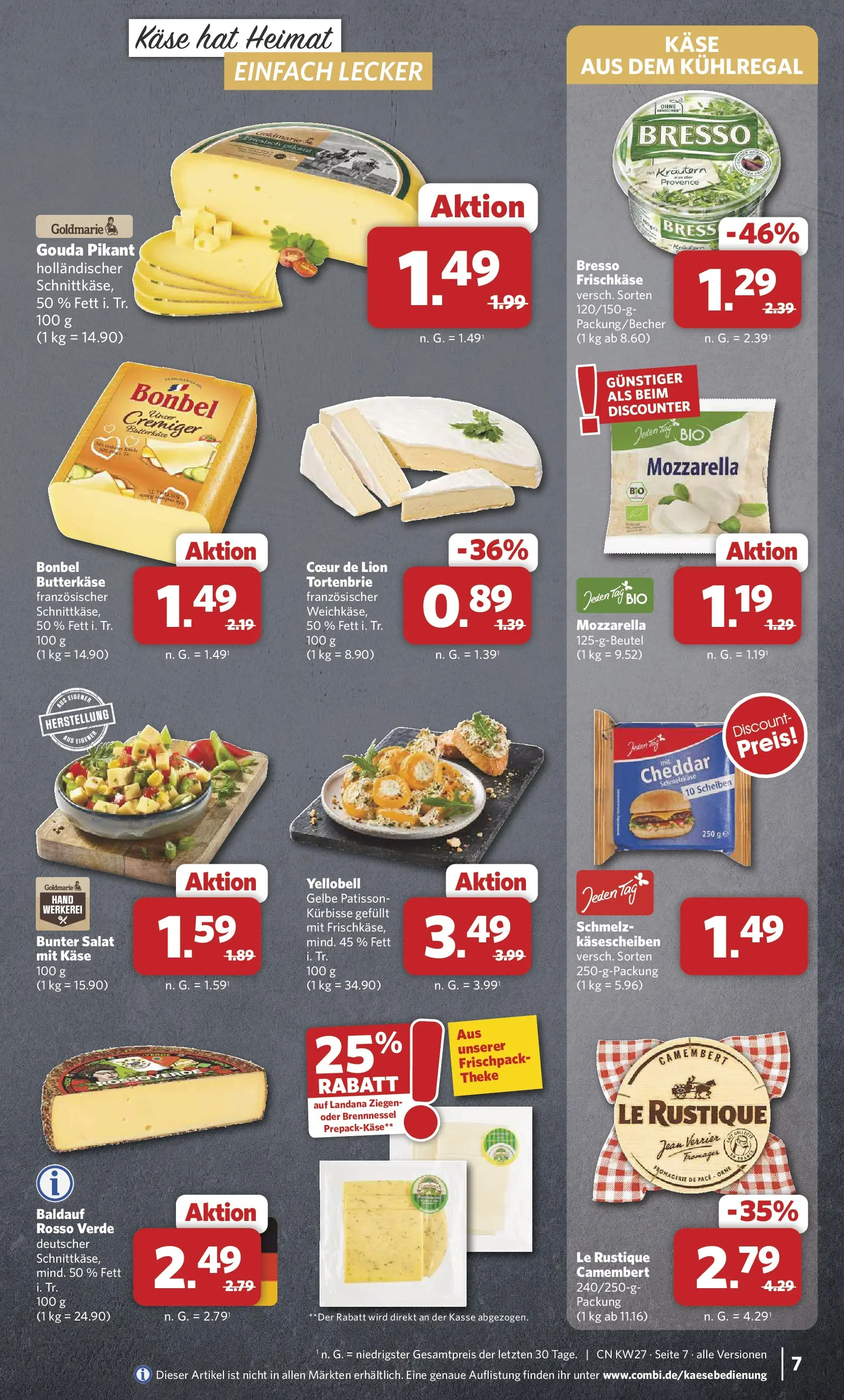Combi Prospekt Cuxhaven (ab 29.06.2026) zum Blättern | Seite: 7 | Produkte: Käse, Mozzarella, Bresso, Salat