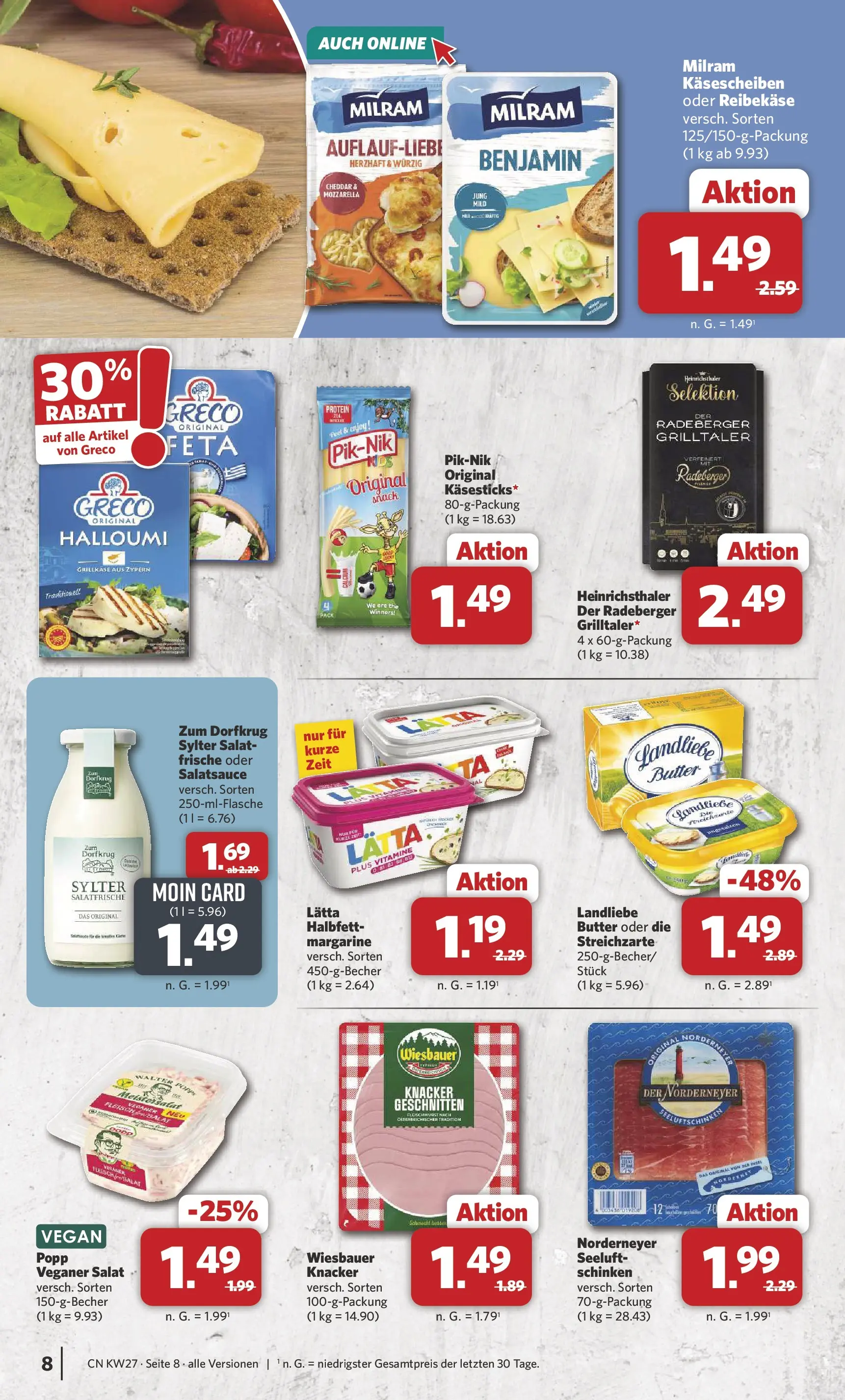 Combi Prospekt Cuxhaven (ab 29.06.2026) zum Blättern | Seite: 8 | Produkte: Margarine, Milram, Schinken, Reibekase
