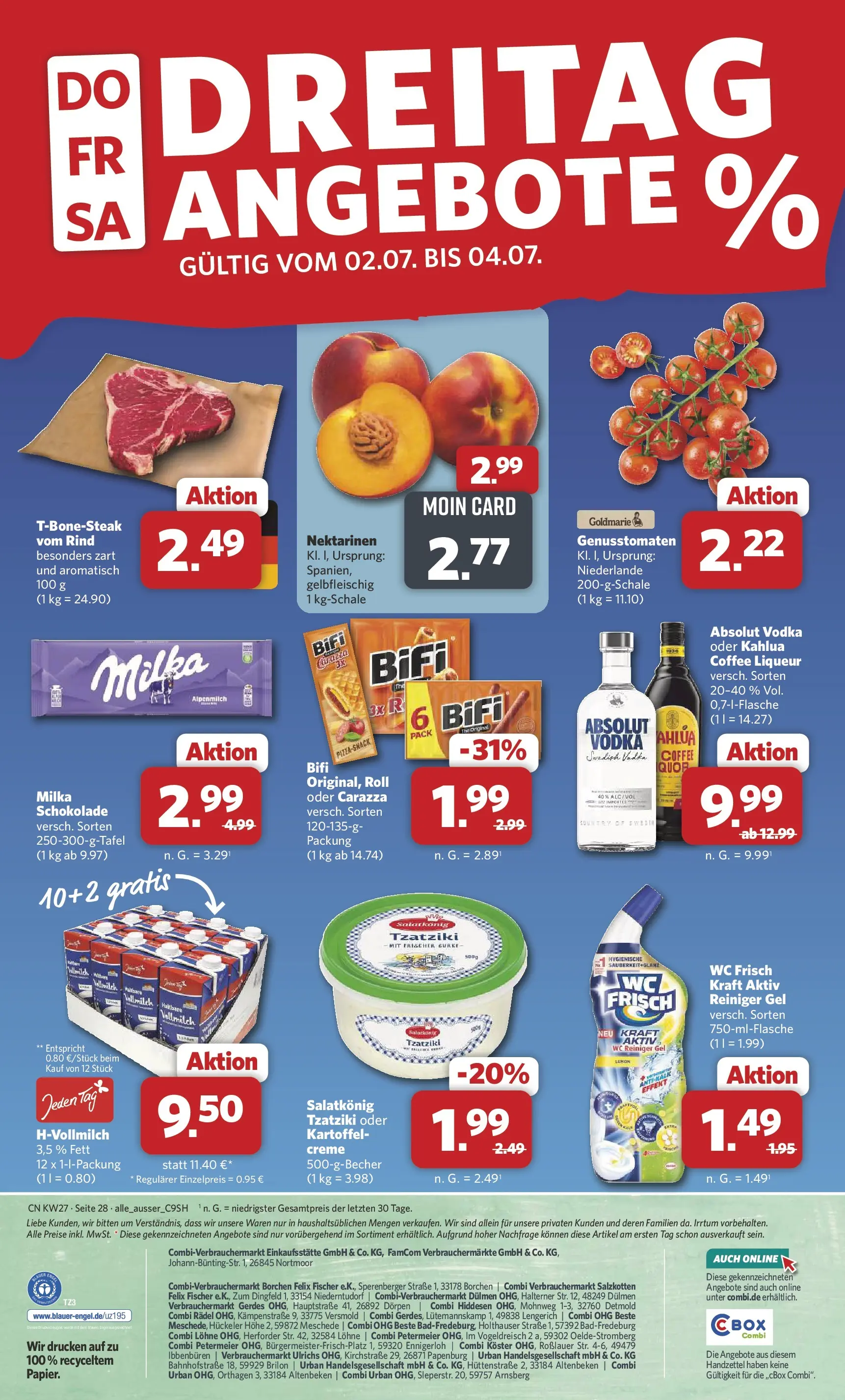Combi Prospekt Cuxhaven (ab 29.06.2026) zum Blättern | Seite: 28 | Produkte: Bifi, Milka, Creme, Wc frisch