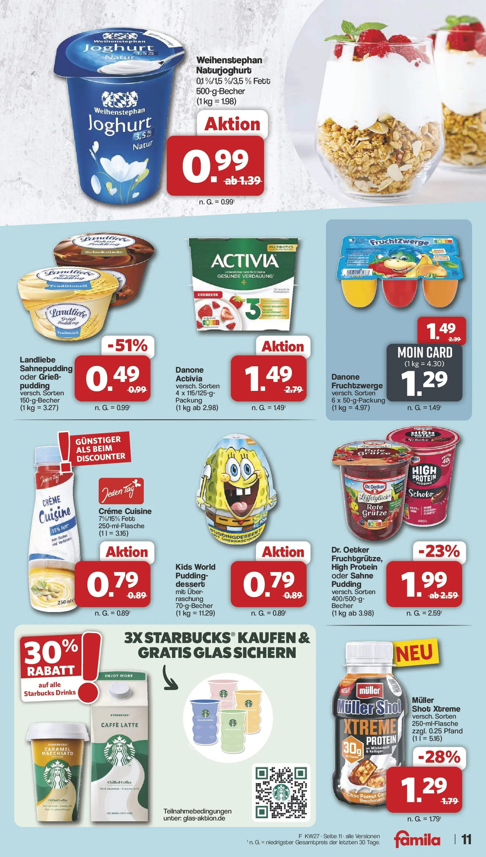 Famila Nordwest - Famila: Wochenangebote (ab 28.06.2026) zum Blättern | Seite: 11 | Produkte: Activia, Starbucks, Pudding, Sahne