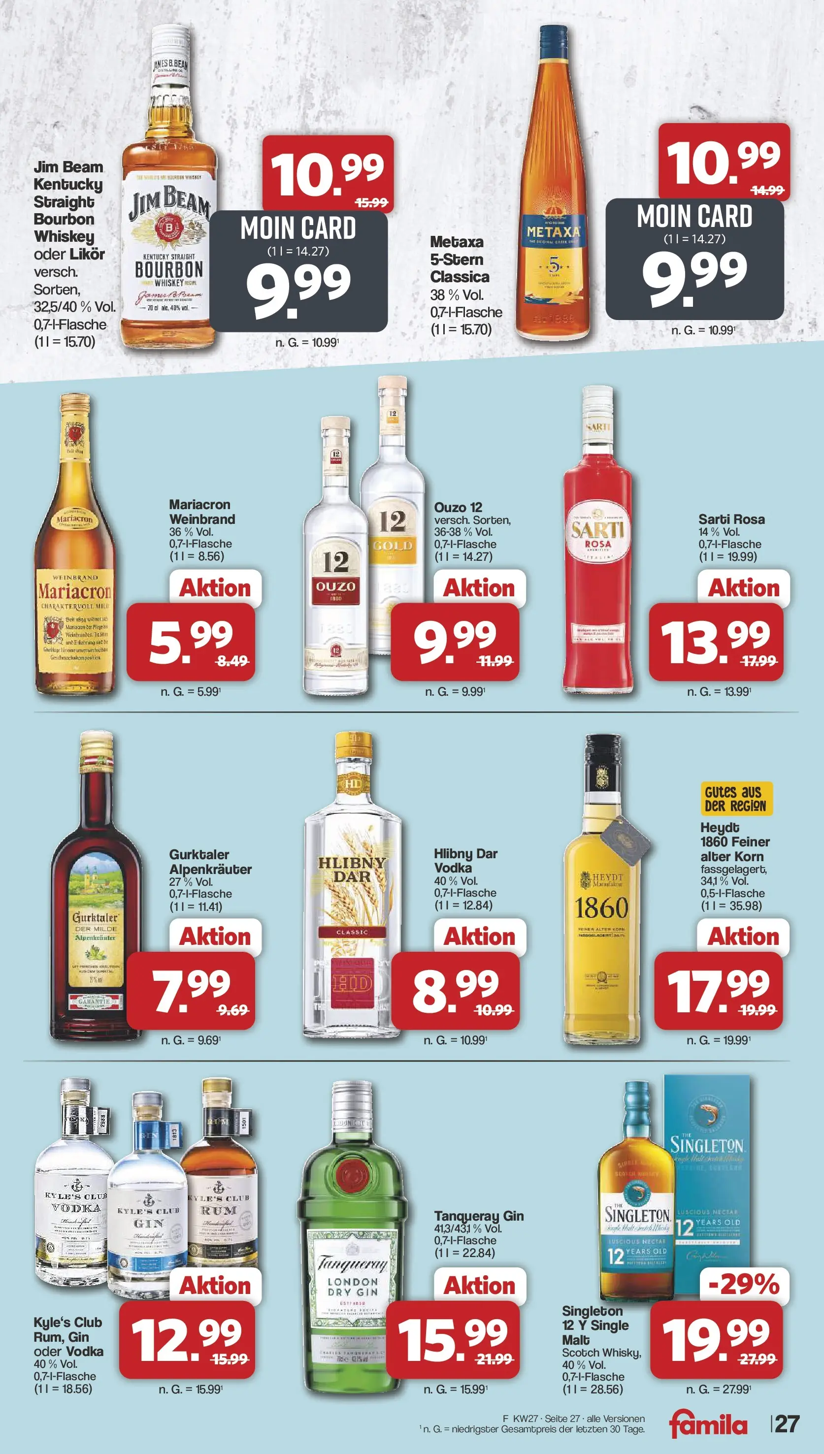 Famila Nordwest - Famila: Wochenangebote (ab 28.06.2026) zum Blättern | Seite: 27 | Produkte: Ouzo, Mariacron, Vodka, Whiskey