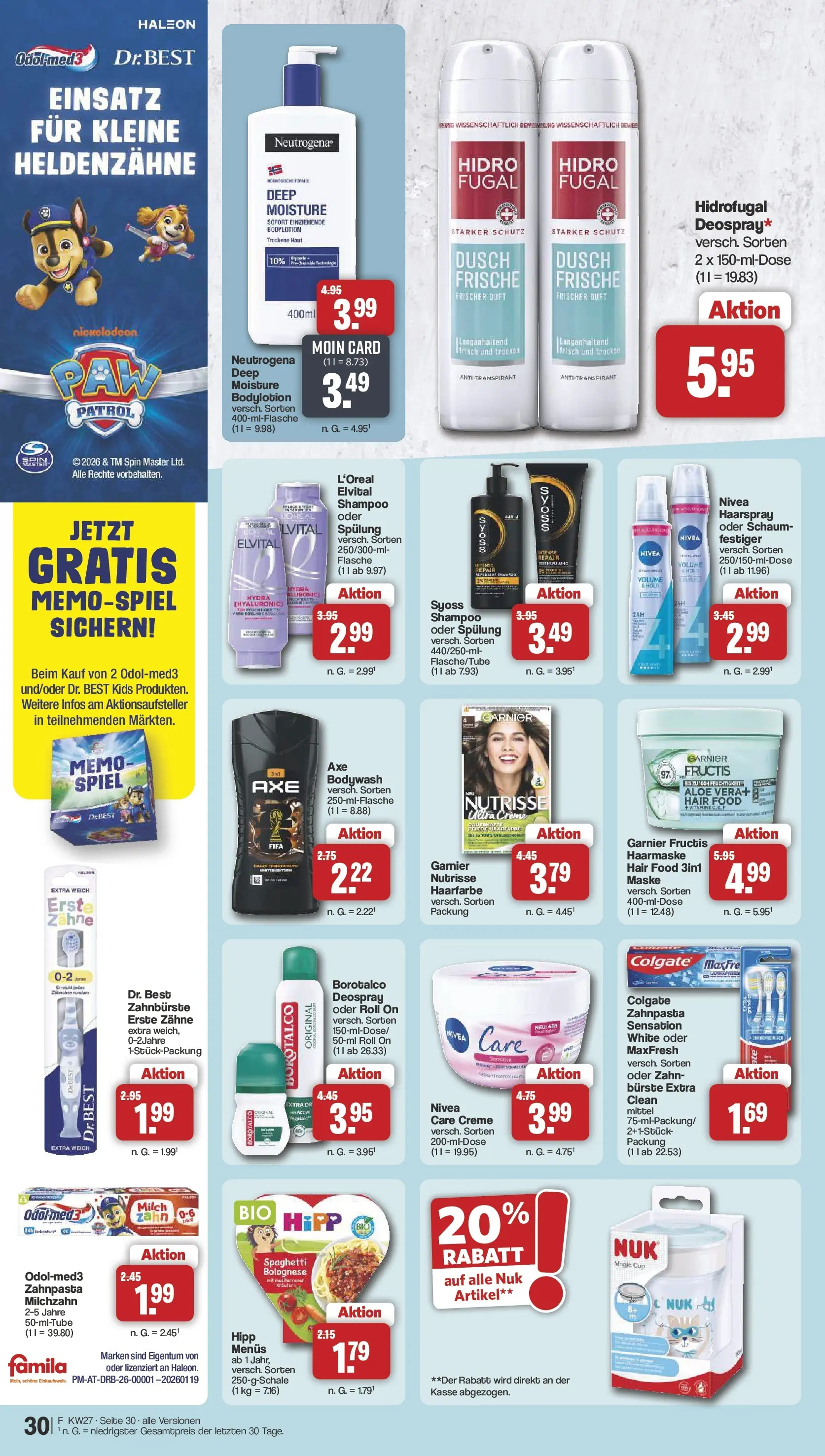 Famila Nordwest - Famila: Wochenangebote (ab 28.06.2026) zum Blättern | Seite: 30 | Produkte: Spülung, Haarmaske, Bürste, Zahnpasta