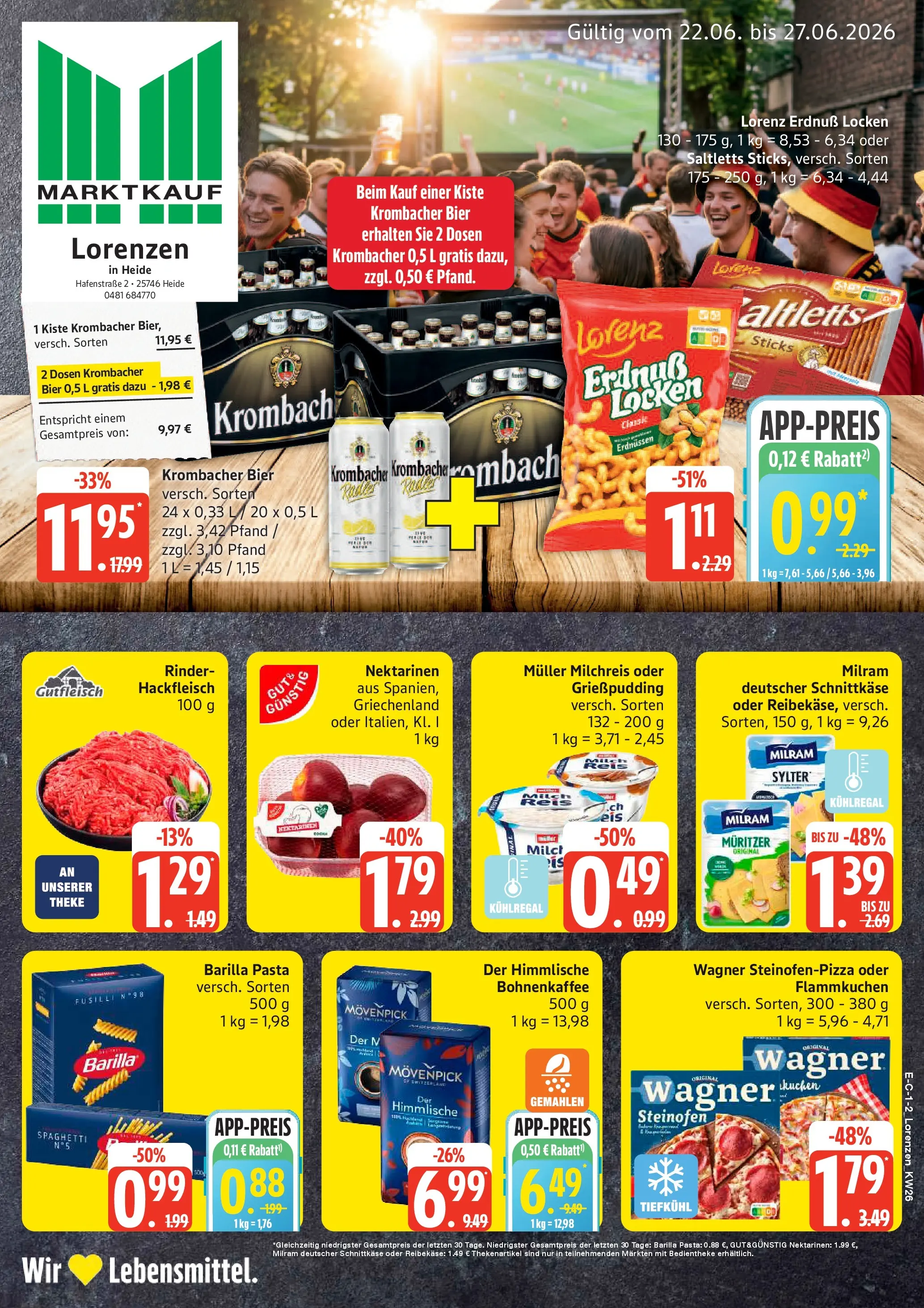 Marktkauf Prospekt Heide (ab 22.06.2026) » Angebote online | Seite: 1 | Produkte: Theke, Kuchen, Reibekase, Hackfleisch