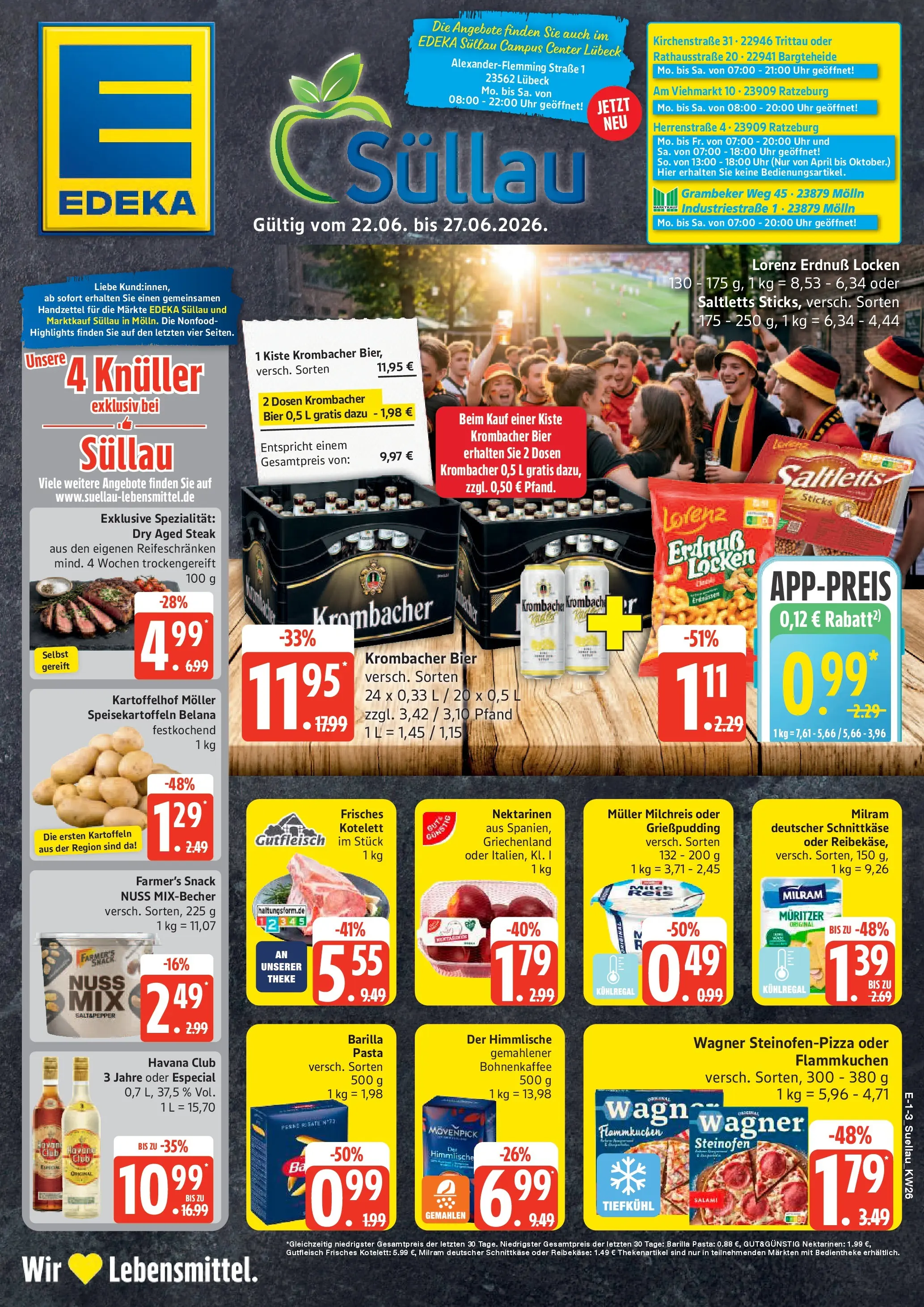 Edeka prospekt Lübeck (ab 22.06.2026) » Angebote Online | Seite: 1 | Produkte: Nektarinen, Bier, Krombacher, Uhr