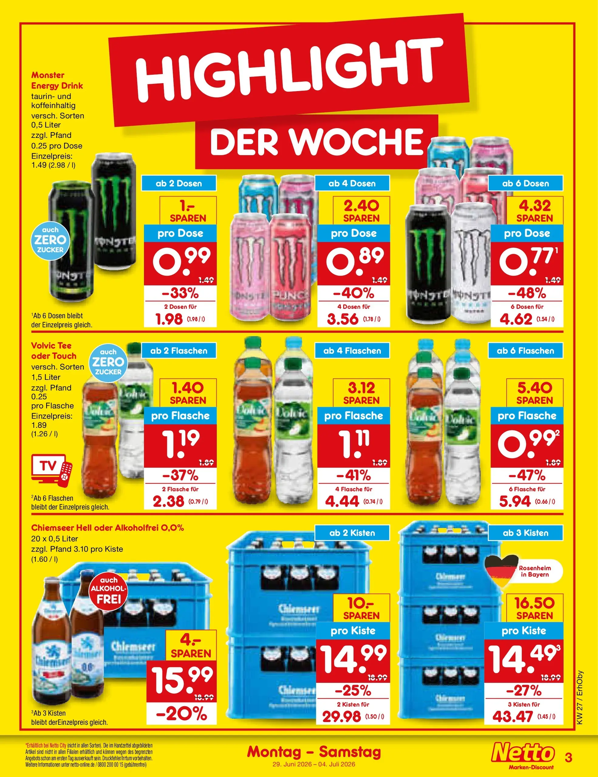 Netto Marken-Discount Prospekt Metten (ab 29.06.2026) » Angebote | Seite: 3 | Produkte: Monster, Zucker, Tee, Volvic