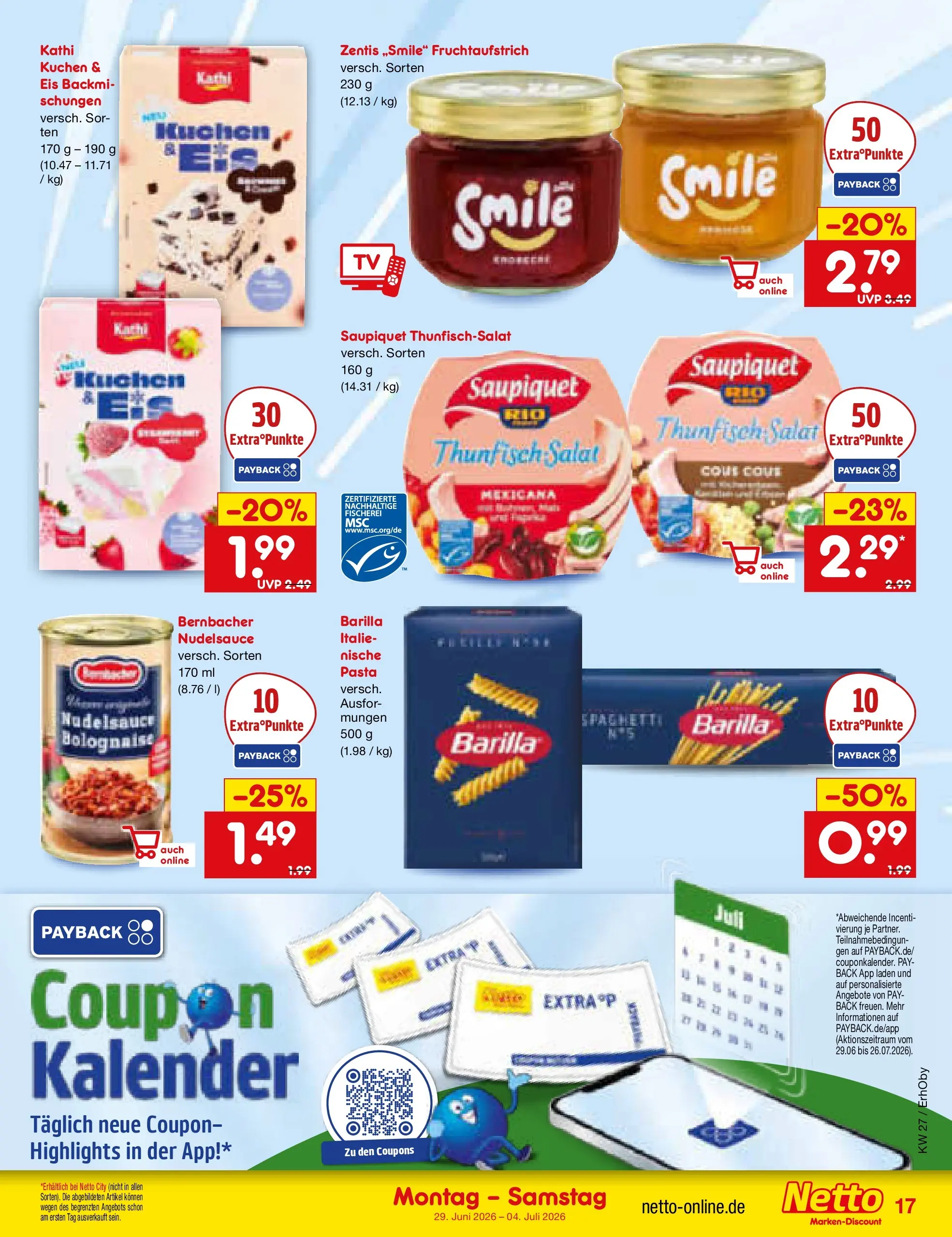 Netto Marken-Discount Prospekt Metten (ab 29.06.2026) » Angebote | Seite: 23 | Produkte: Barilla, Thunfisch, Kuchen, Eis