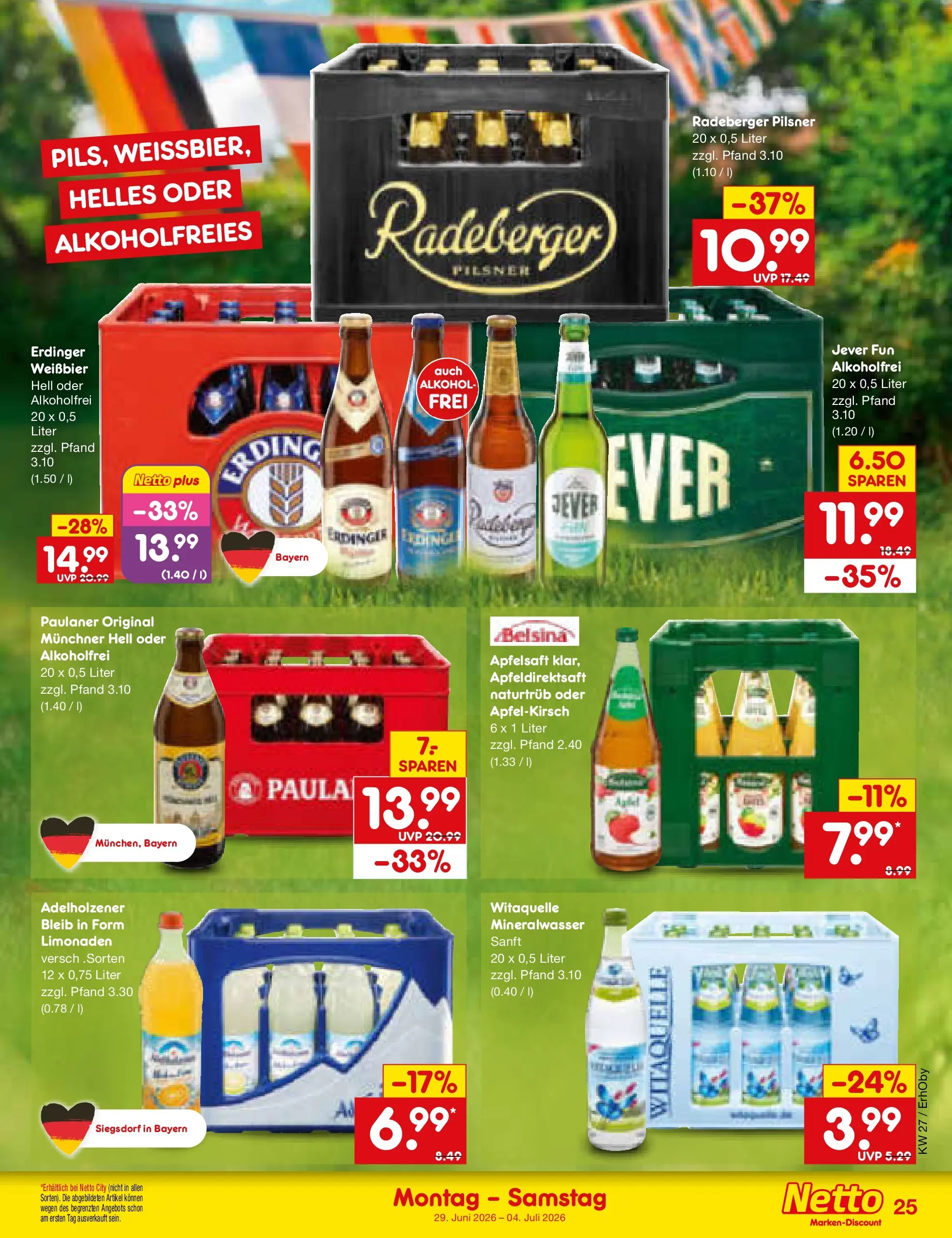 Netto Marken-Discount Prospekt Metten (ab 29.06.2026) » Angebote | Seite: 37 | Produkte: Weißbier, Apfelsaft, Mineralwasser, Jever