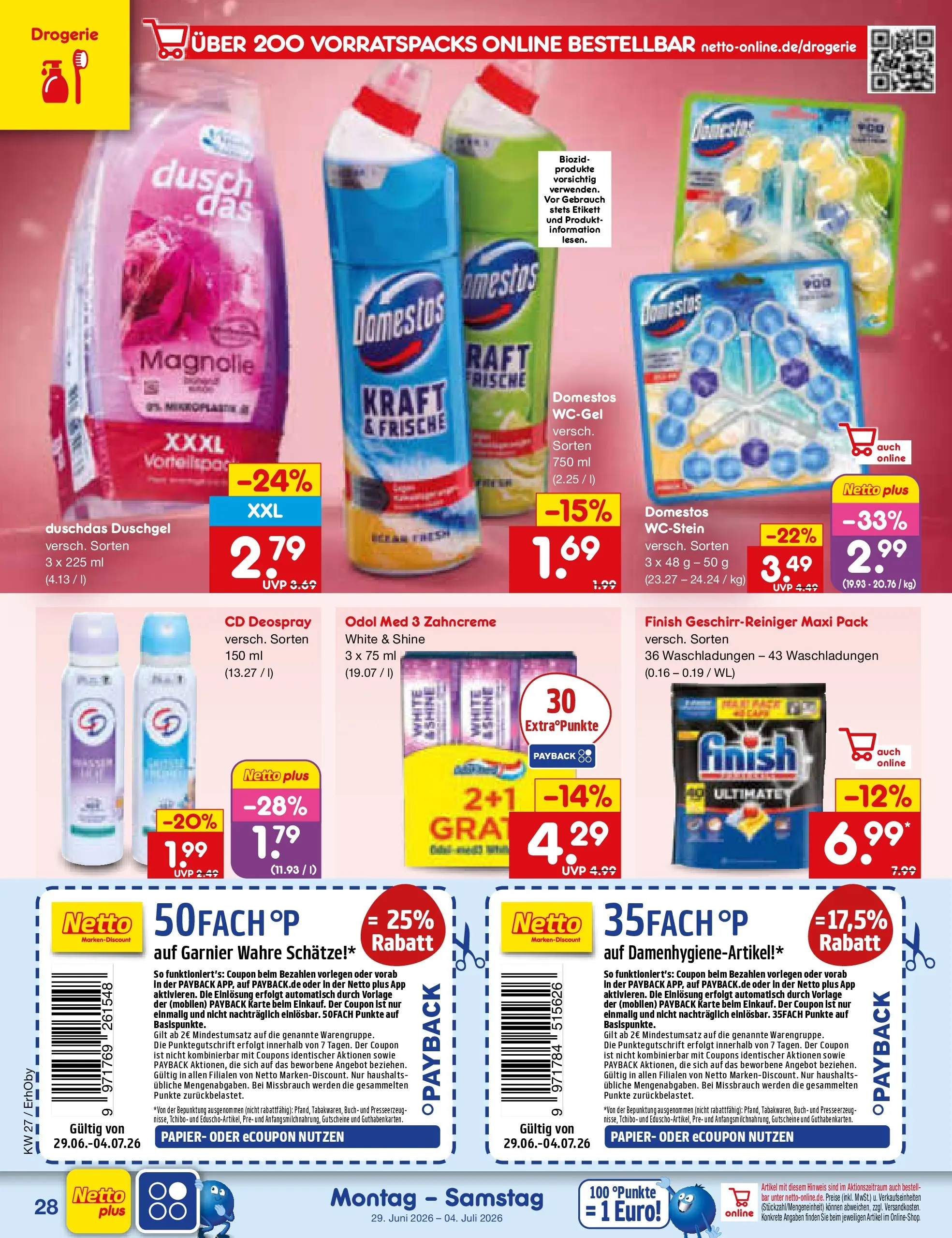 Netto Marken-Discount Prospekt Metten (ab 29.06.2026) » Angebote | Seite: 42 | Produkte: Finish, Duschgel, Duschdas, Deospray