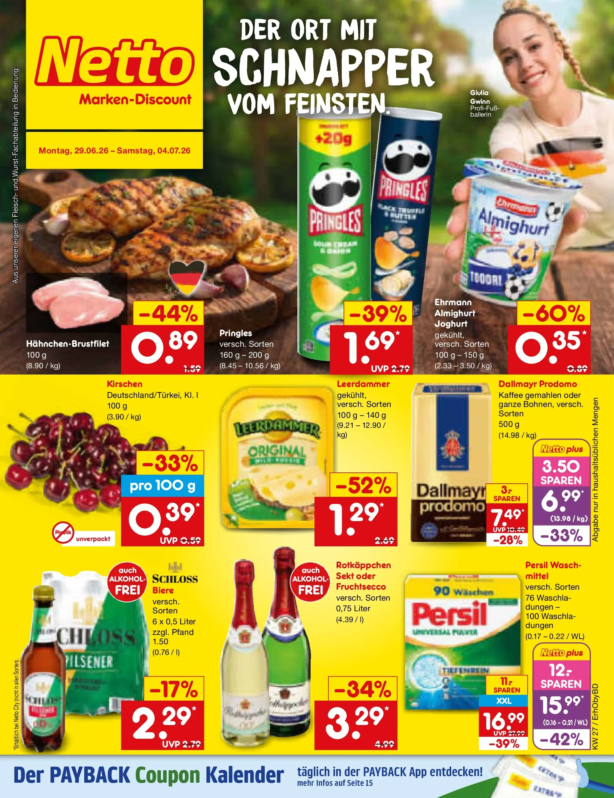 Netto Marken-Discount Prospekt Ergolding (ab 29.06.2026) » Angebote | Seite: 1 | Produkte: Ehrmann almighurt, Joghurt, Pringles, Fleisch