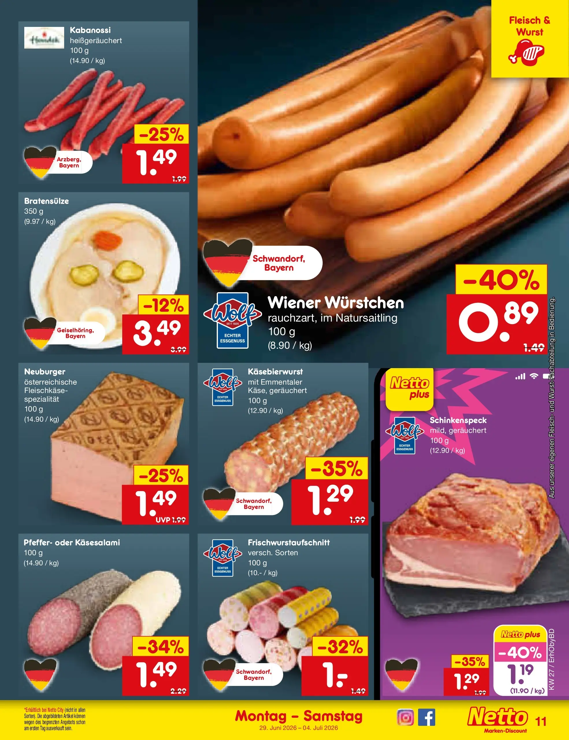 Netto Marken-Discount Prospekt Ergolding (ab 29.06.2026) » Angebote | Seite: 15 | Produkte: Wiener wurstchen, Pfeffer, Wurst, Fleisch