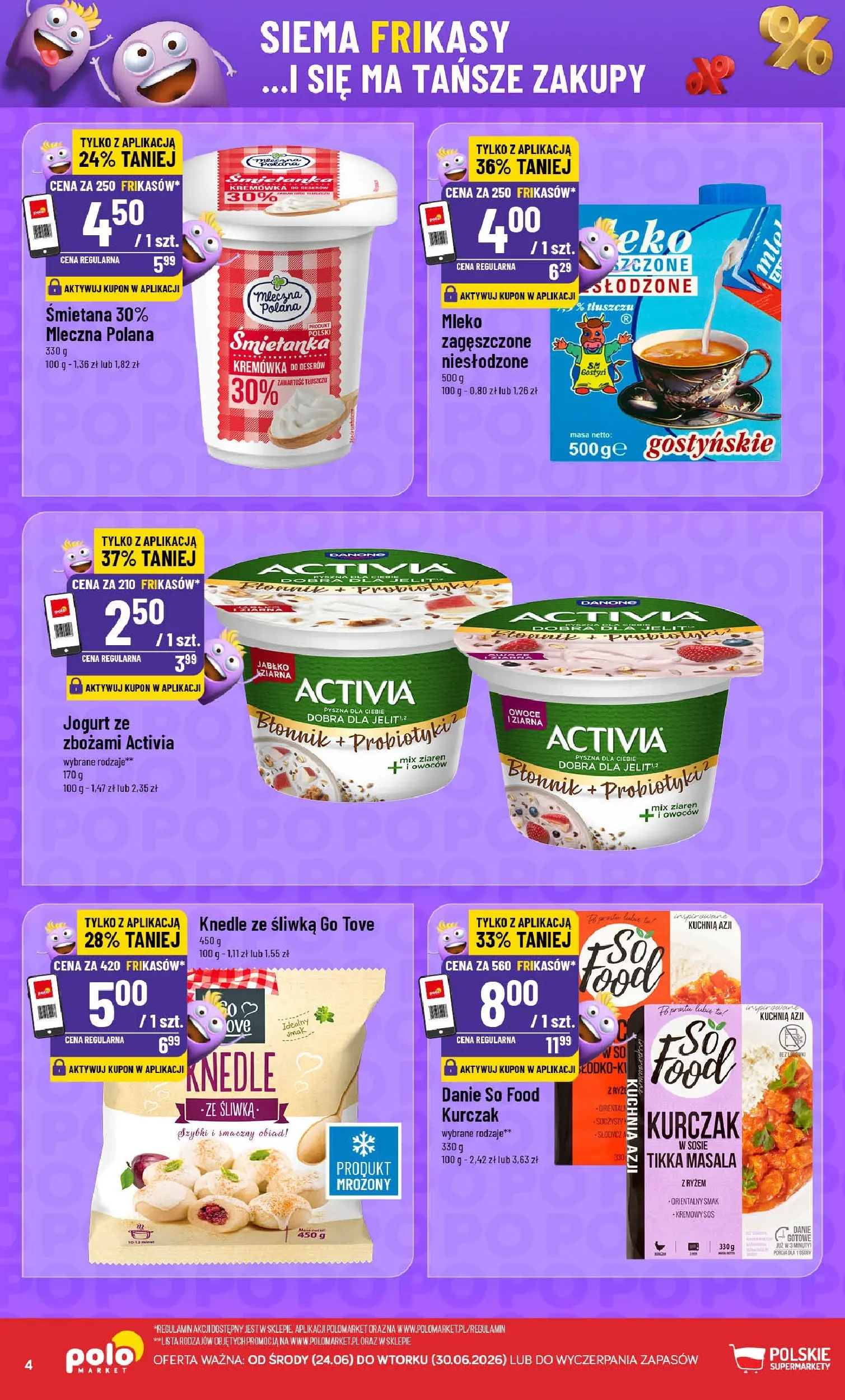 Nowa POLOmarket gazetka od jutra 24.06.2026 | Strona: 4 | Produkty: Mleko, Jogurt, Owoce, Śmietanka kremówka