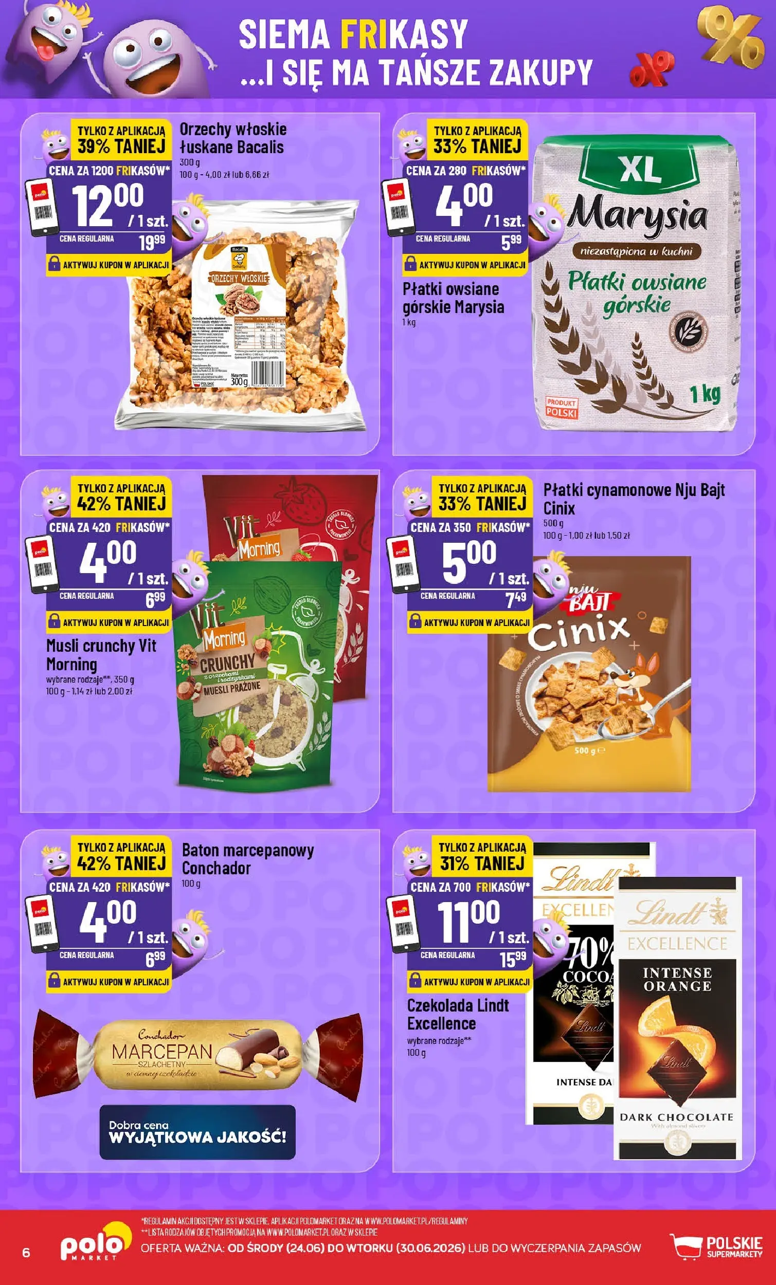 Nowa POLOmarket gazetka od jutra 24.06.2026 | Strona: 6 | Produkty: Czekolada lindt, Orzechy włoskie, Musli, Marcepan