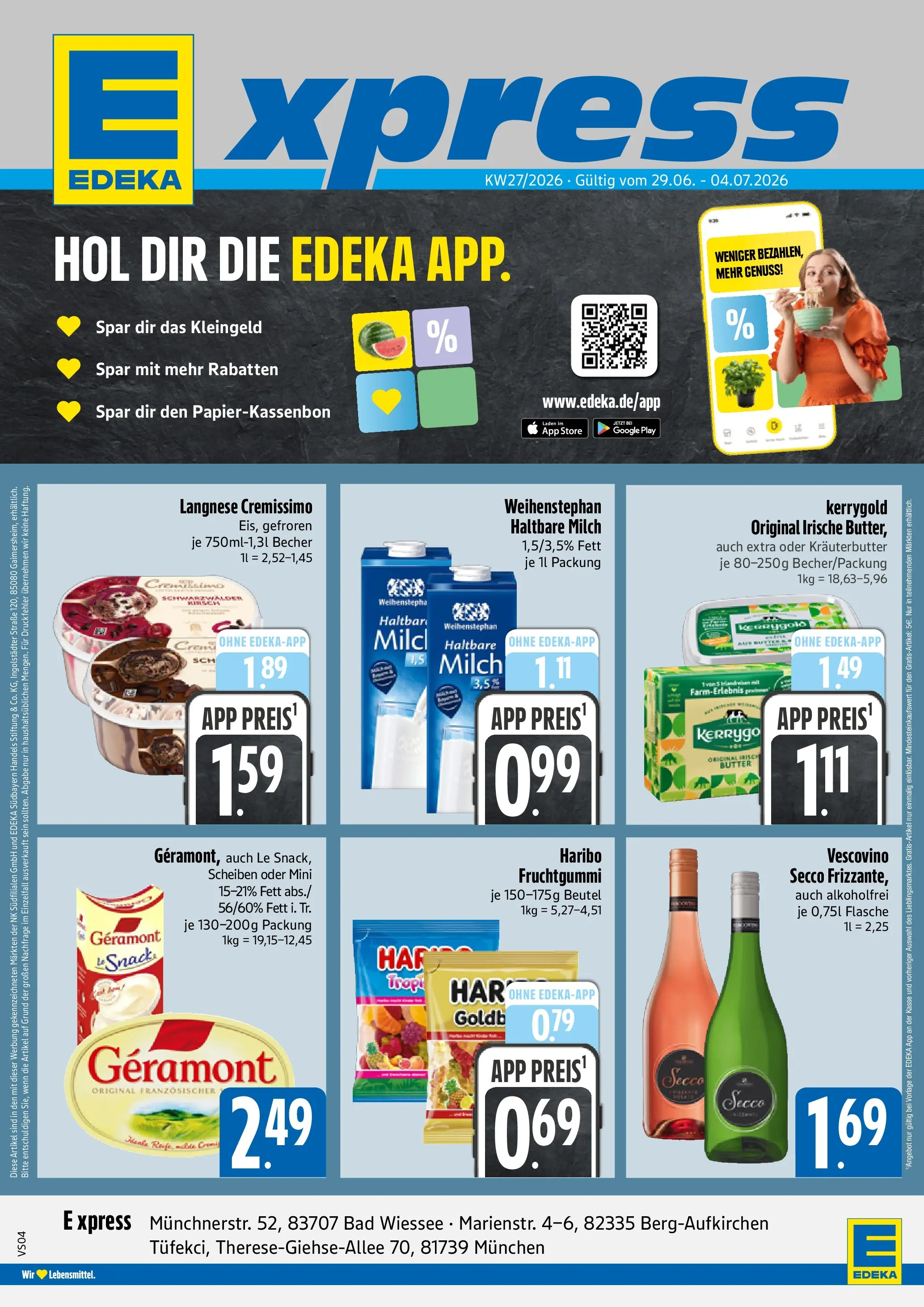 Angebote - E xpress: Wochenangebote (ab 28.06.2026) zum Blättern | Seite: 1 | Produkte: Geramont, Langnese, Cremissimo, Butter