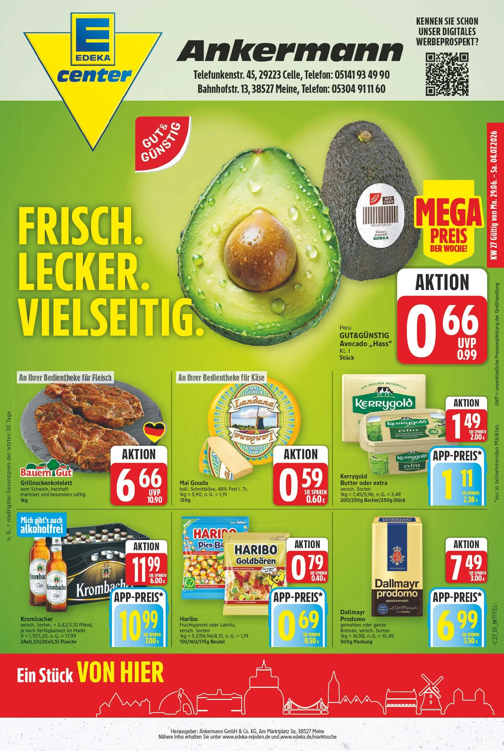 E center - Wochenangebote (ab 28.06.2026) zum Blättern | Seite: 1 | Produkte: Butter, Avocado, Krombacher, Telefon