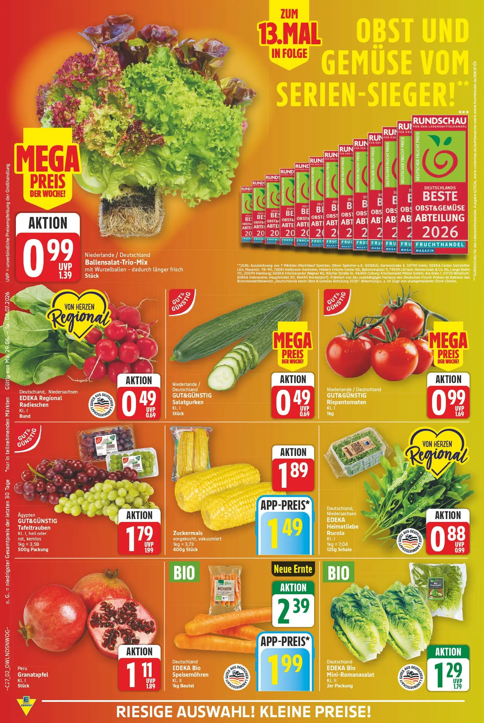 E center - Wochenangebote (ab 28.06.2026) zum Blättern | Seite: 2 | Produkte: Granatapfel, Rucola, Mohren, Obst