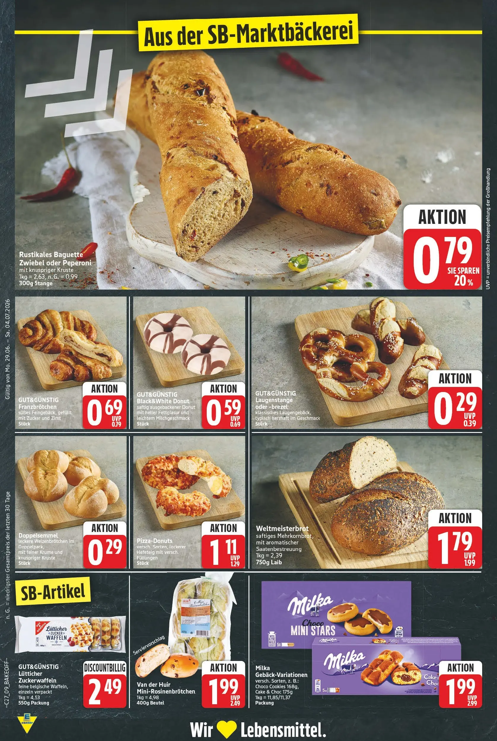 E center - Wochenangebote (ab 28.06.2026) zum Blättern | Seite: 9 | Produkte: Baguette, Milka, Waffeln, Zucker