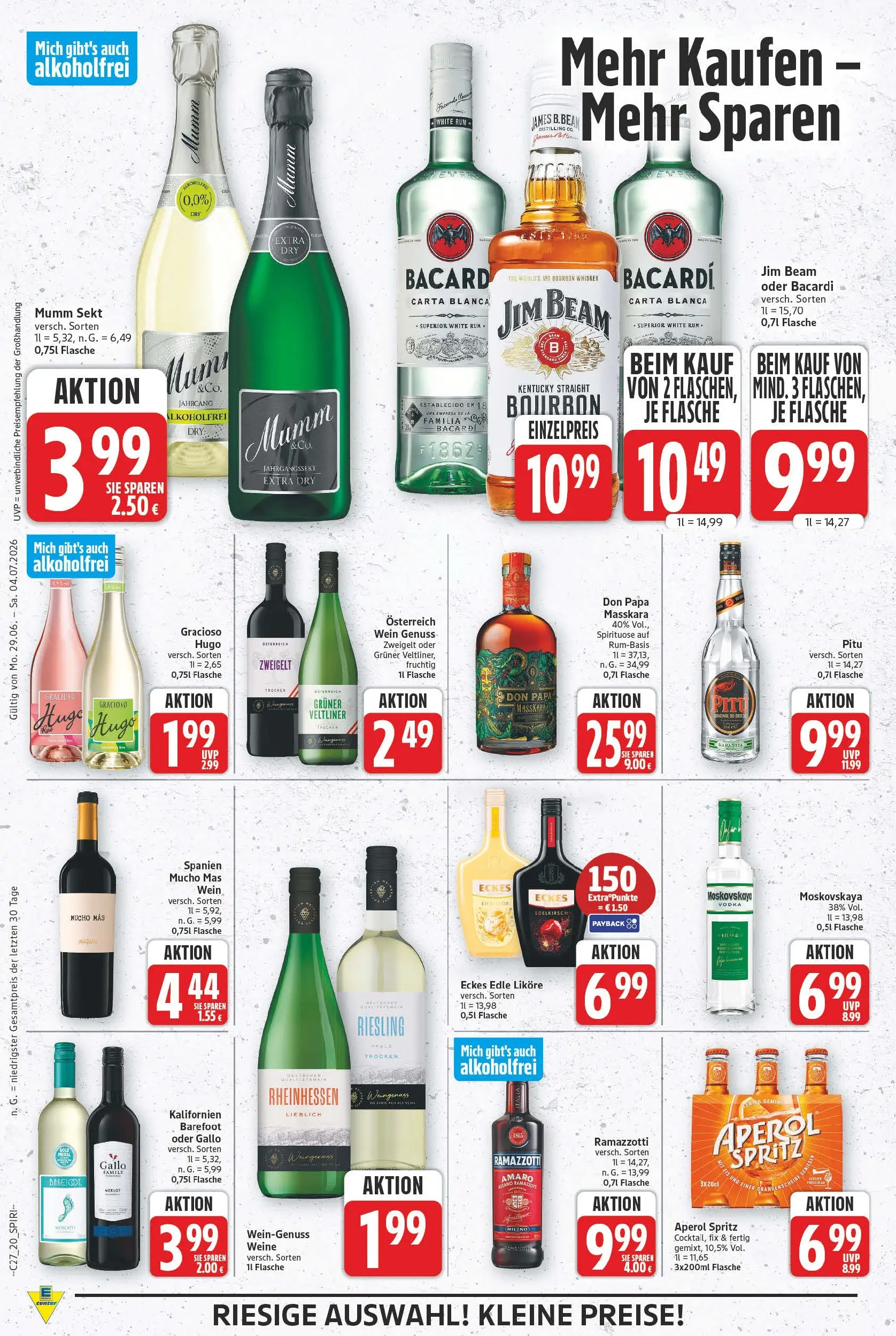 E center - Wochenangebote (ab 28.06.2026) zum Blättern | Seite: 22 | Produkte: Merlot, Aperol, Vodka, Bourbon