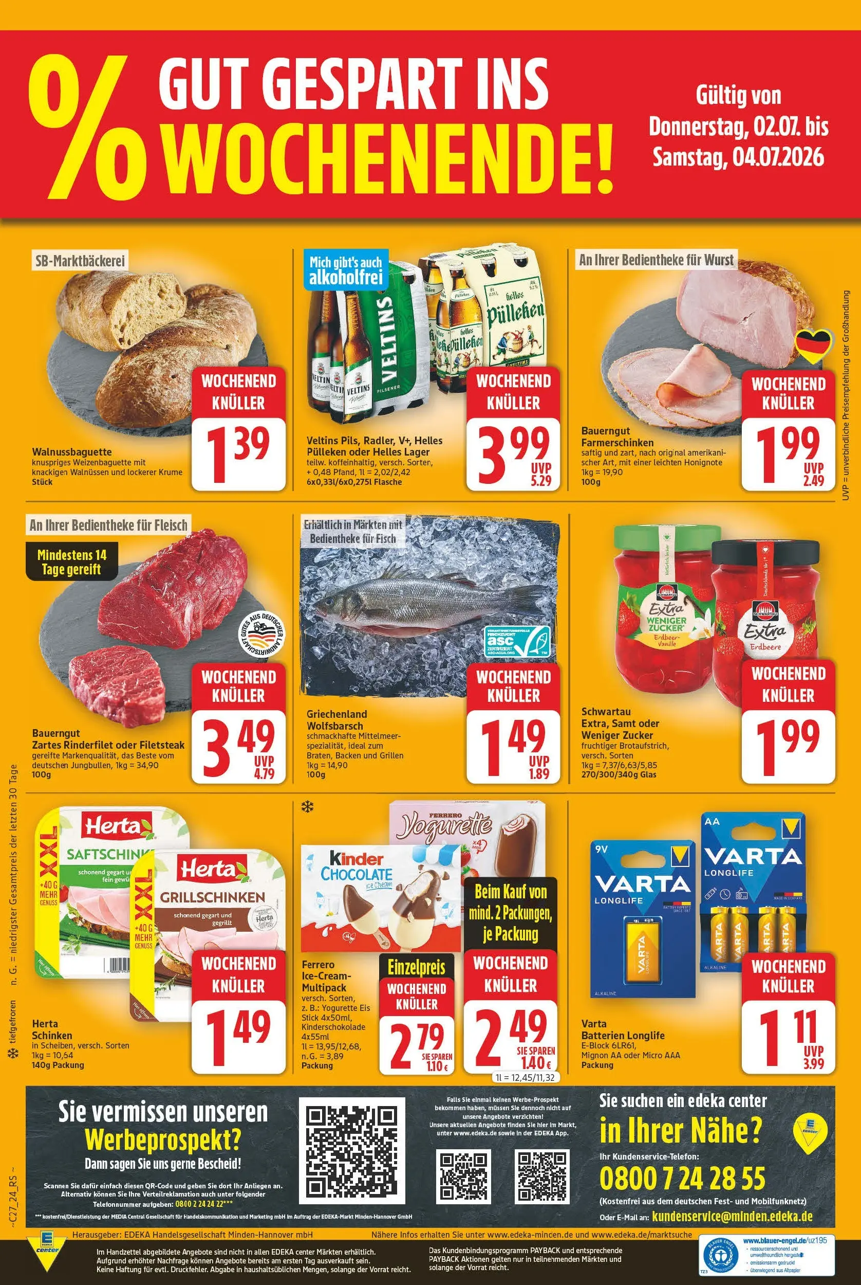 E center - Wochenangebote (ab 28.06.2026) zum Blättern | Seite: 26 | Produkte: Rinderfilet, Wurst, Schinken, Veltins
