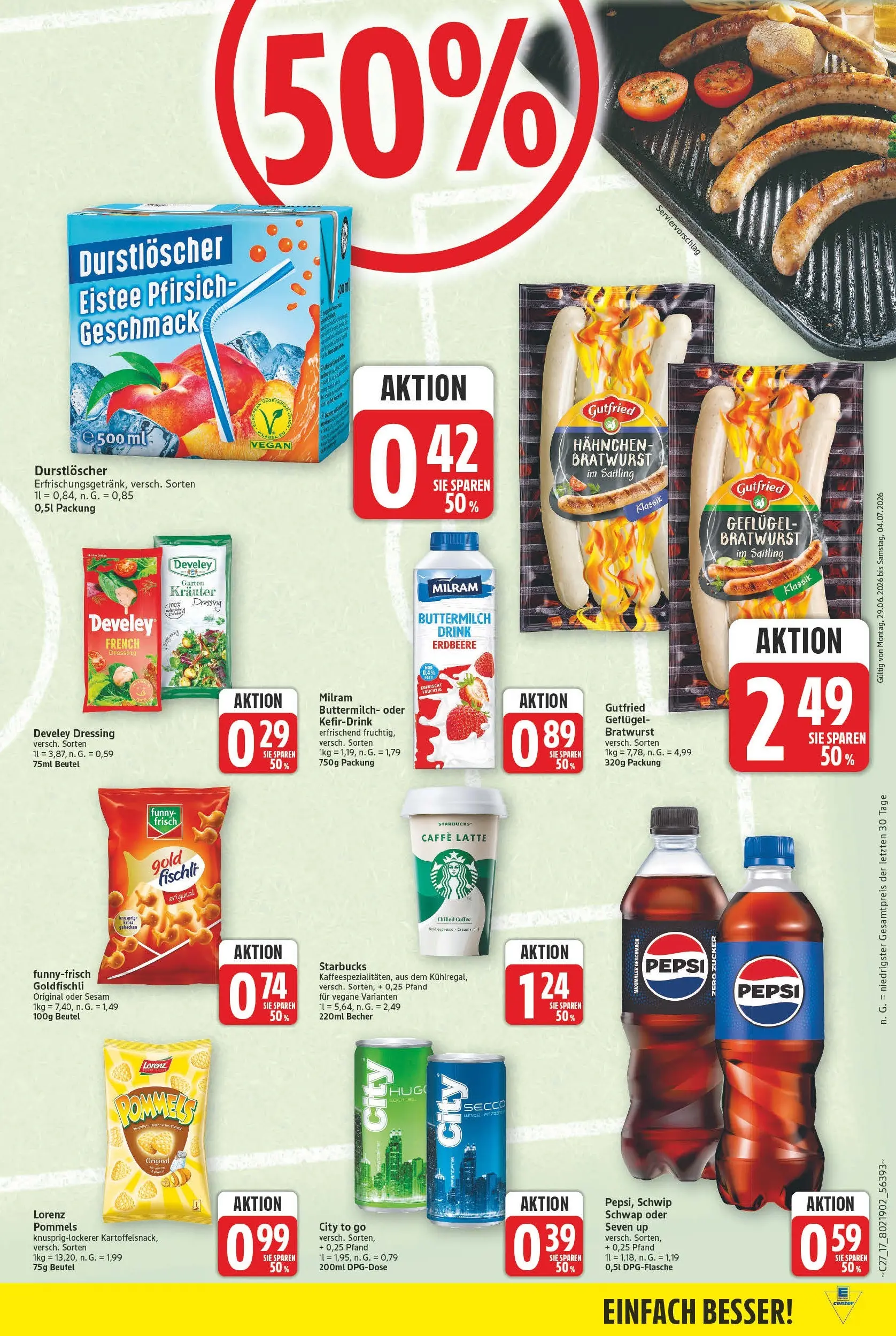 E center Prospekt Magdeburg (ab 29.06.2026) zum Blättern | Seite: 17 | Produkte: Hahnchen, Buttermilch, Bratwurst, Pfirsich