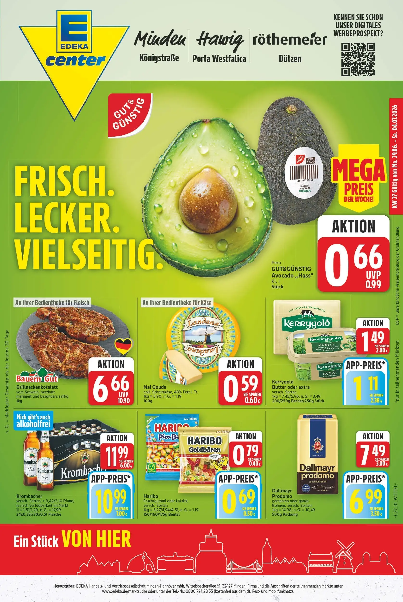 E center - Wochenangebote (ab 28.06.2026) zum Blättern | Seite: 1 | Produkte: Gouda, Avocado, Krombacher, Fleisch
