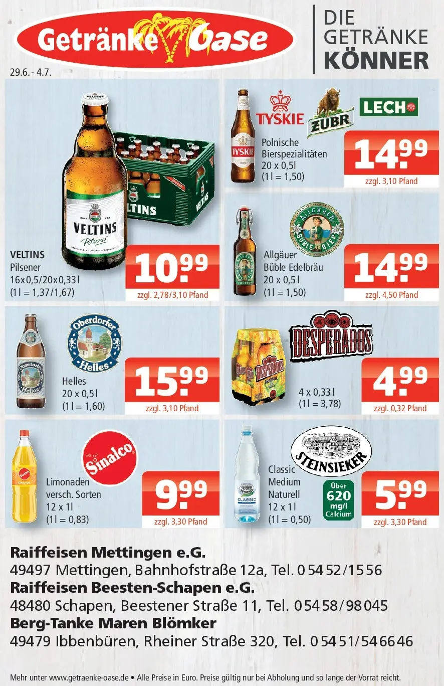 Angebote - Getränke Oase: Getränkeangebote (ab 28.06.2026) zum Blättern | Seite: 1 | Produkte: Sinalco, Tyskie, Desperados, Veltins