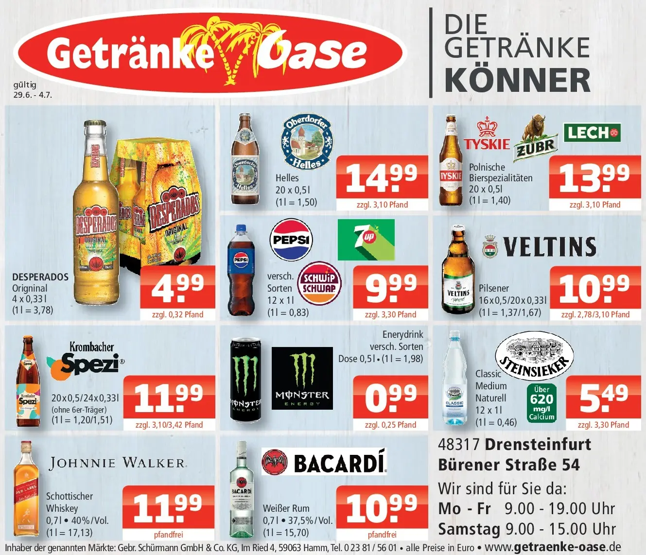 Angebote - Getränke Oase: Getränkeangebote (ab 28.06.2026) zum Blättern | Seite: 1 | Produkte: Energy, Desperados, Pepsi, Veltins
