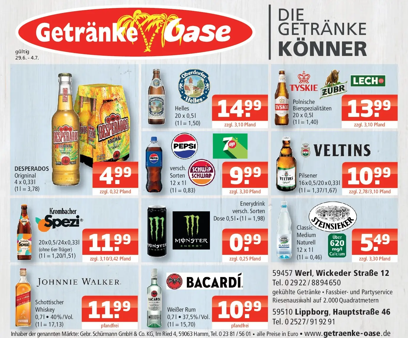 Angebote - Getränke Oase: Getränkeangebote (ab 28.06.2026) zum Blättern | Seite: 1 | Produkte: Bacardi, Tequila, Desperados, Veltins