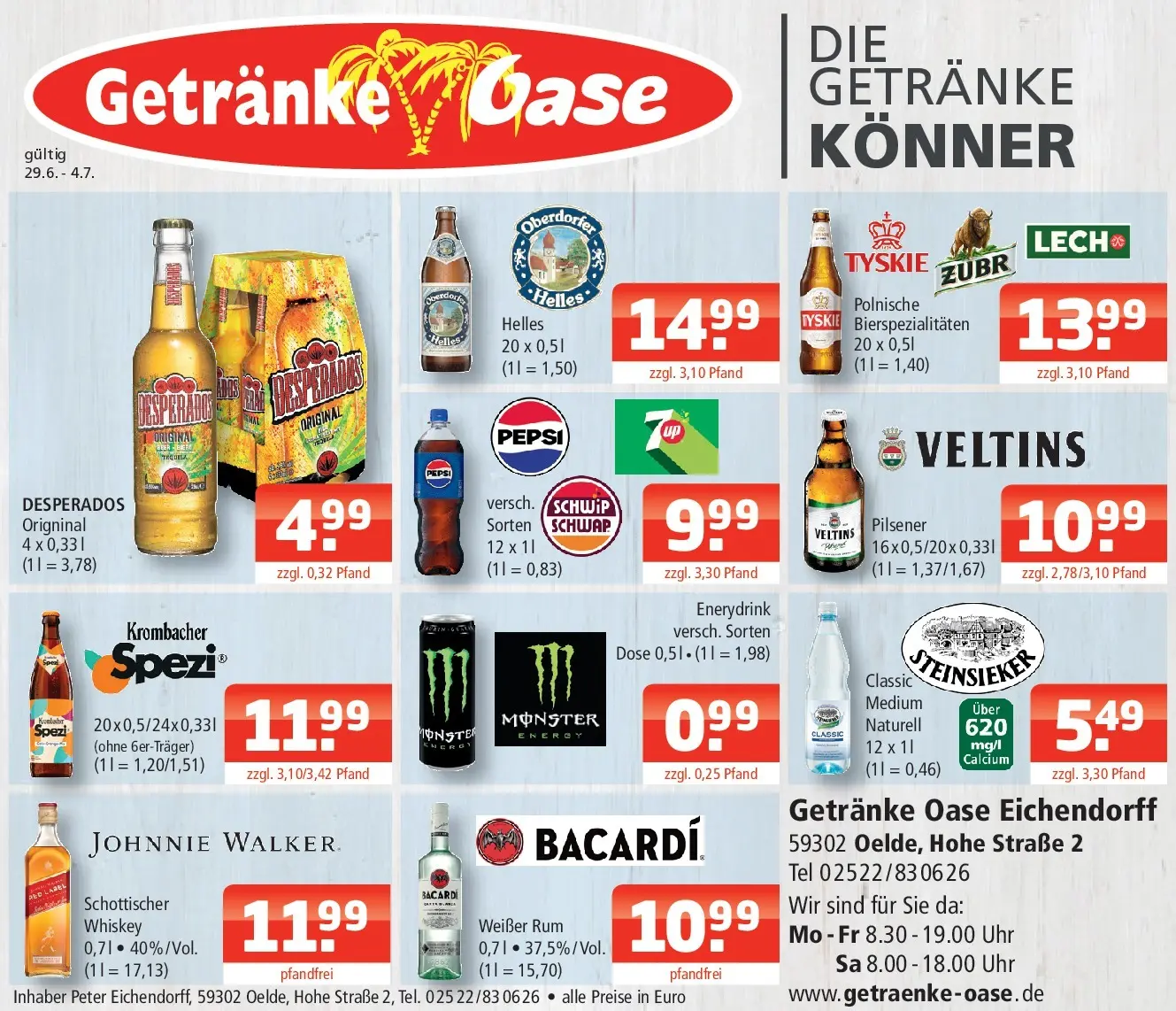 Angebote - Getränke Oase: Getränkeangebote (ab 28.06.2026) zum Blättern | Seite: 1 | Produkte: Energy, Schwip schwap, Monster, Whiskey