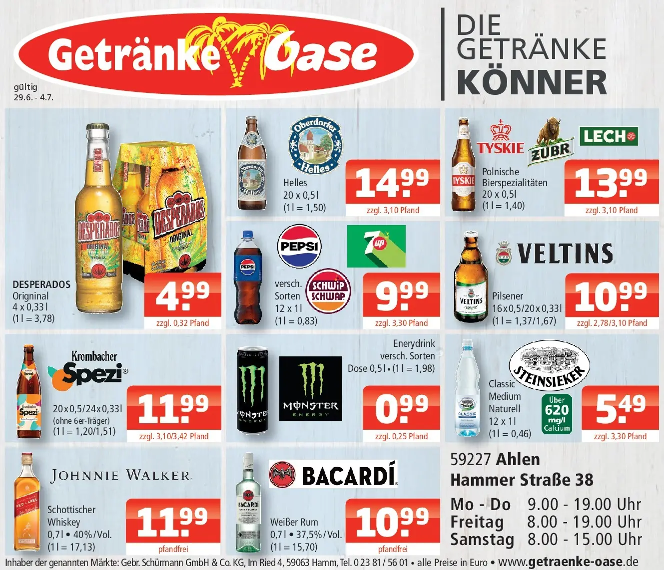Angebote - Getränke Oase: Getränkeangebote (ab 28.06.2026) zum Blättern | Seite: 1 | Produkte: Bacardi, Tyskie, Energy, Veltins