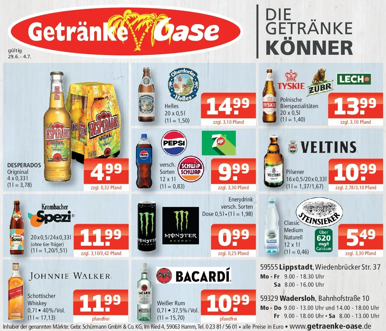 Angebote - Getränke Oase: Getränkeangebote (ab 28.06.2026) zum Blättern | Seite: 1 | Produkte: Monster, Whiskey, Uhr, Veltins