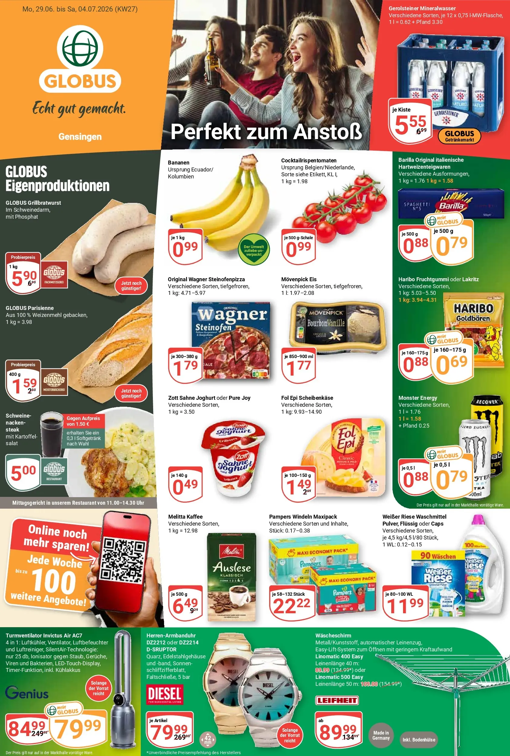 Globus Prospekt Gensingen (ab 29.06.2026) » Angebote online | Seite: 1 | Produkte: Bananen, Mineralwasser, Turmventilator, Eis