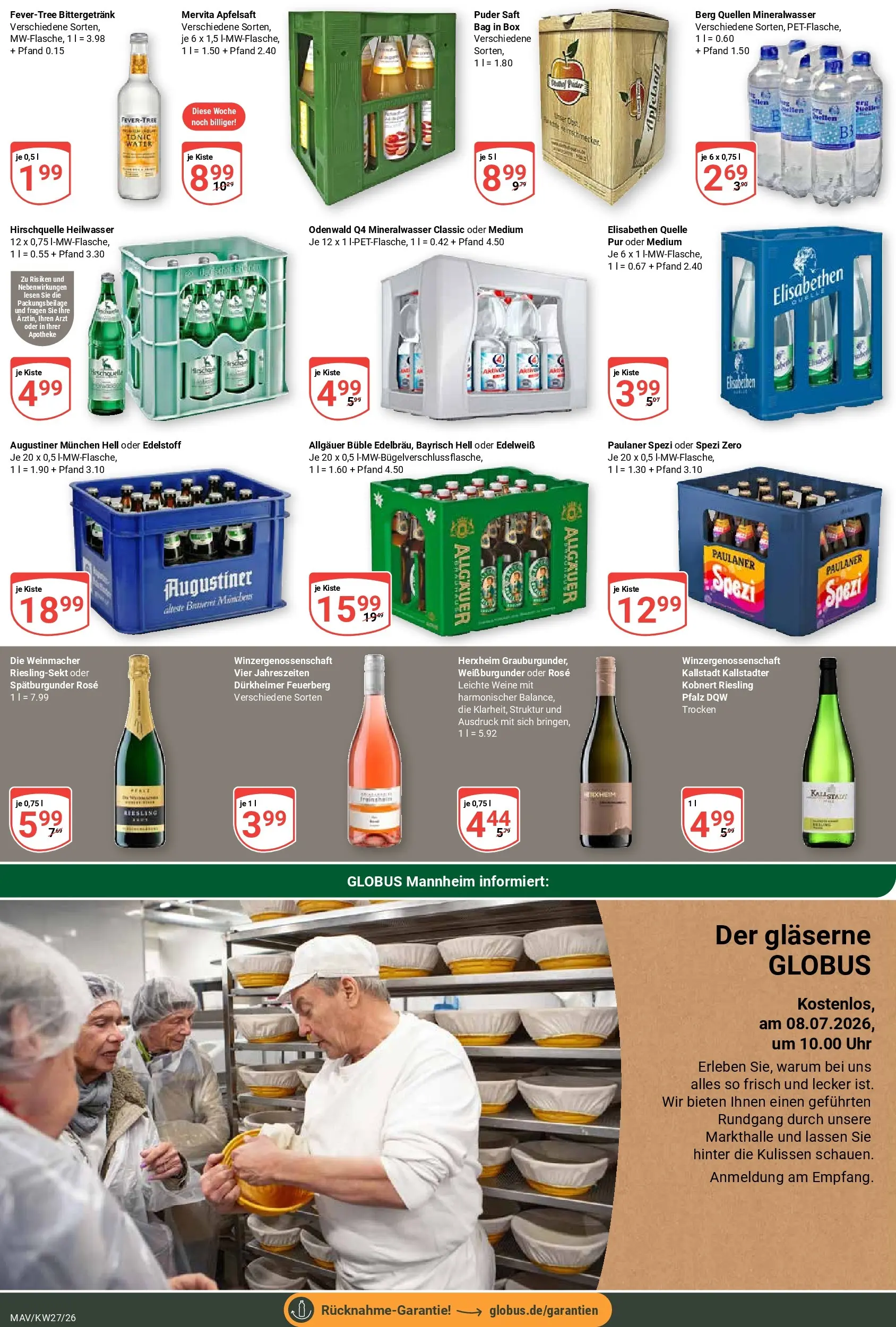 Globus Prospekt Mannheim (ab 29.06.2026) » Angebote online | Seite: 18 | Produkte: Puder, Mineralwasser, Saft, Paulaner