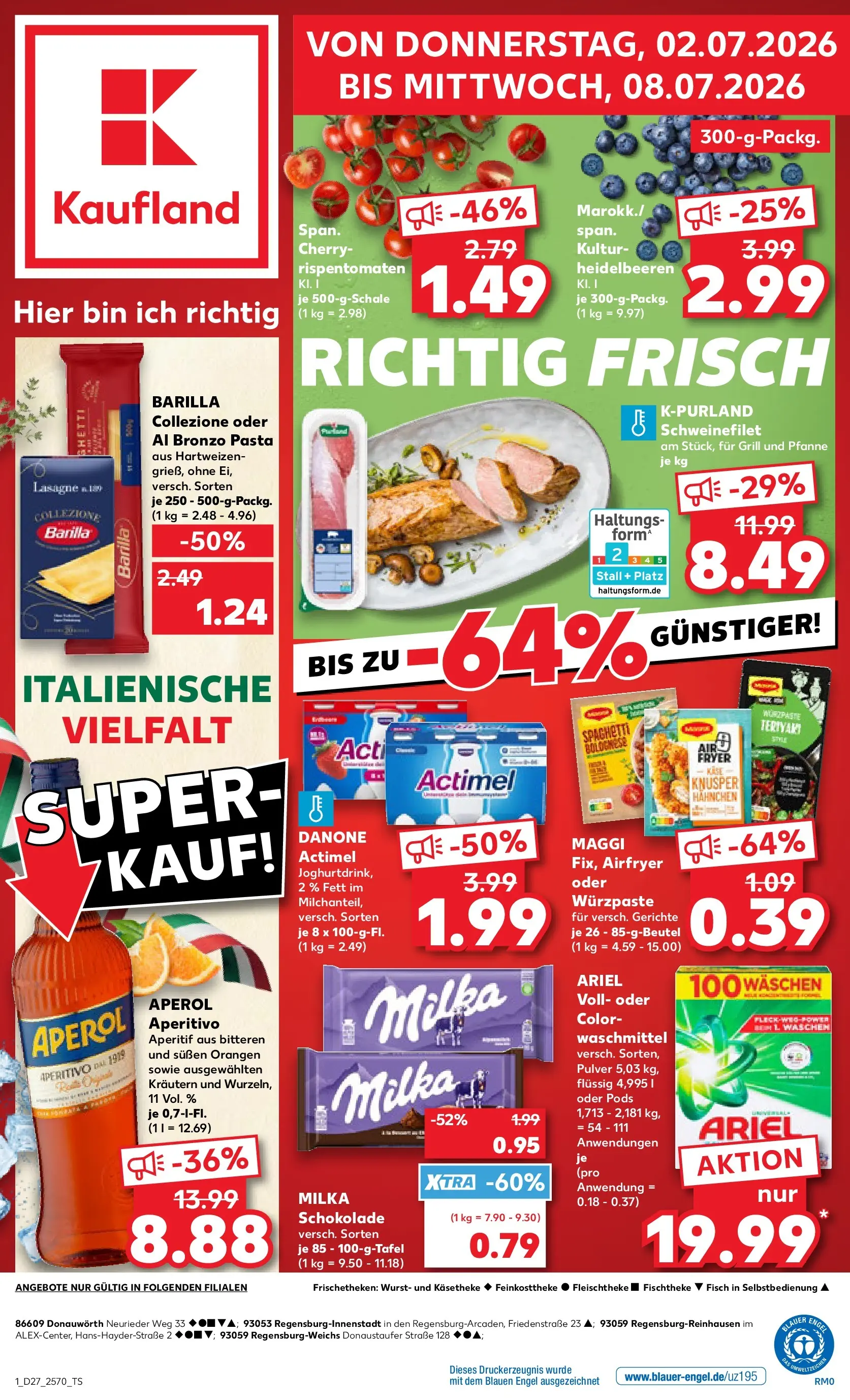 Prospekt Kaufland ab 02.07.2026 » Angebote Online zum Blättern | Seite: 1 | Produkte: Hahnchen, Ariel, Milka, Heidelbeeren