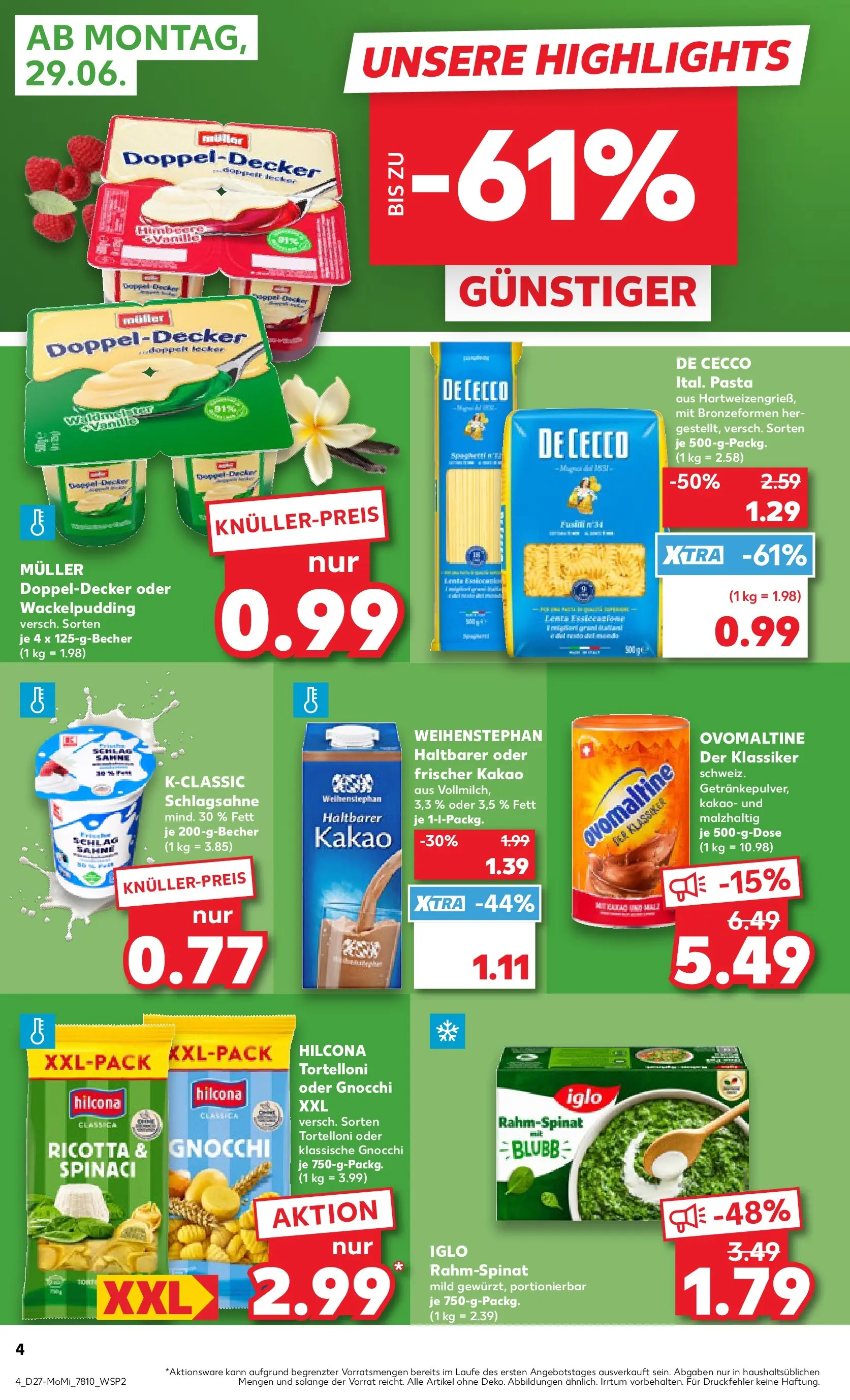 Prospekt Kaufland ab 29.06.2026 » Angebote Online zum Blättern | Seite: 4 | Produkte: Ovomaltine, Schlagsahne, Iglo, Pasta
