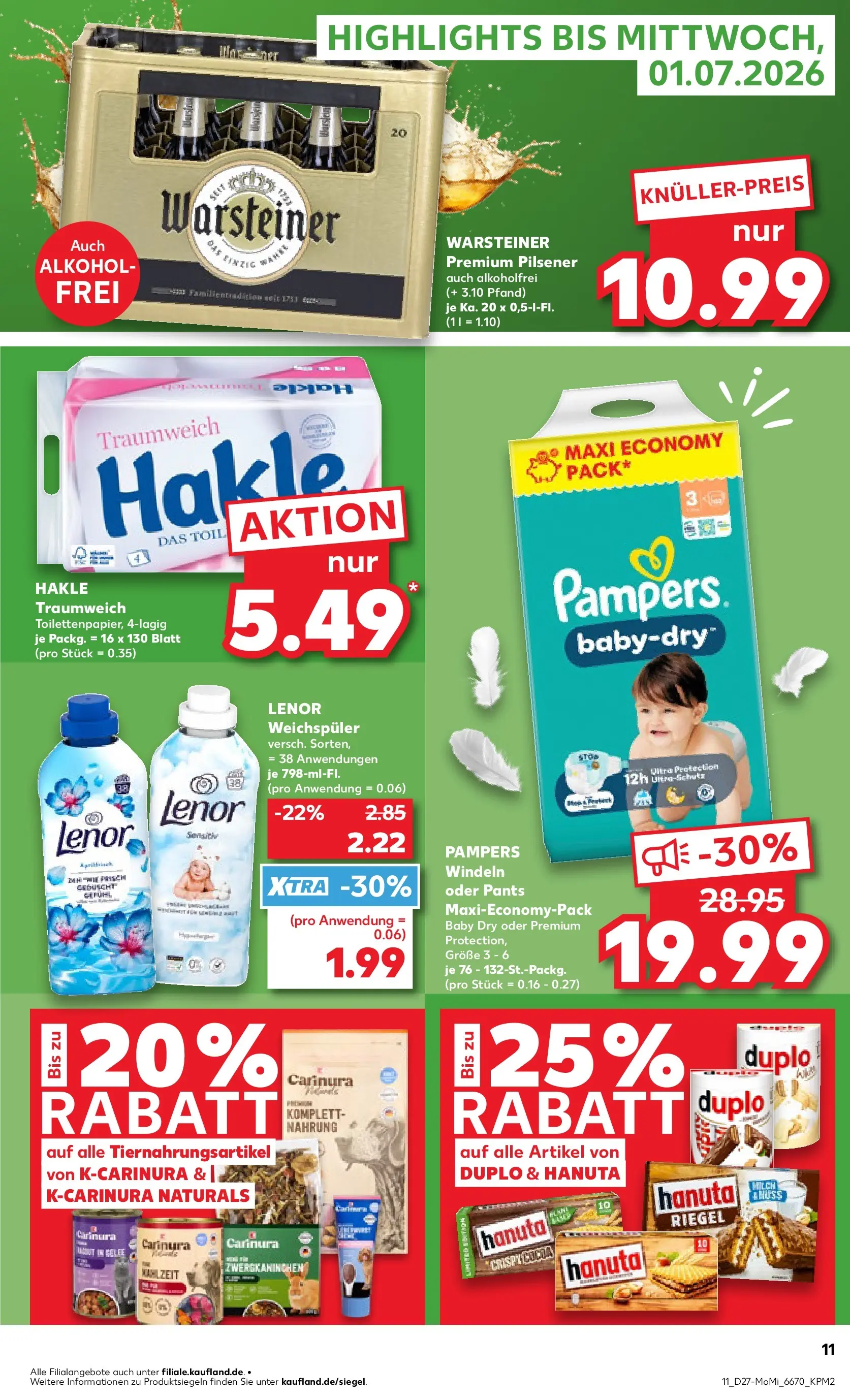 Prospekt Kaufland ab 29.06.2026 » Angebote Online zum Blättern | Seite: 11 | Produkte: Lenor, Pampers, Weichspüler, Warsteiner