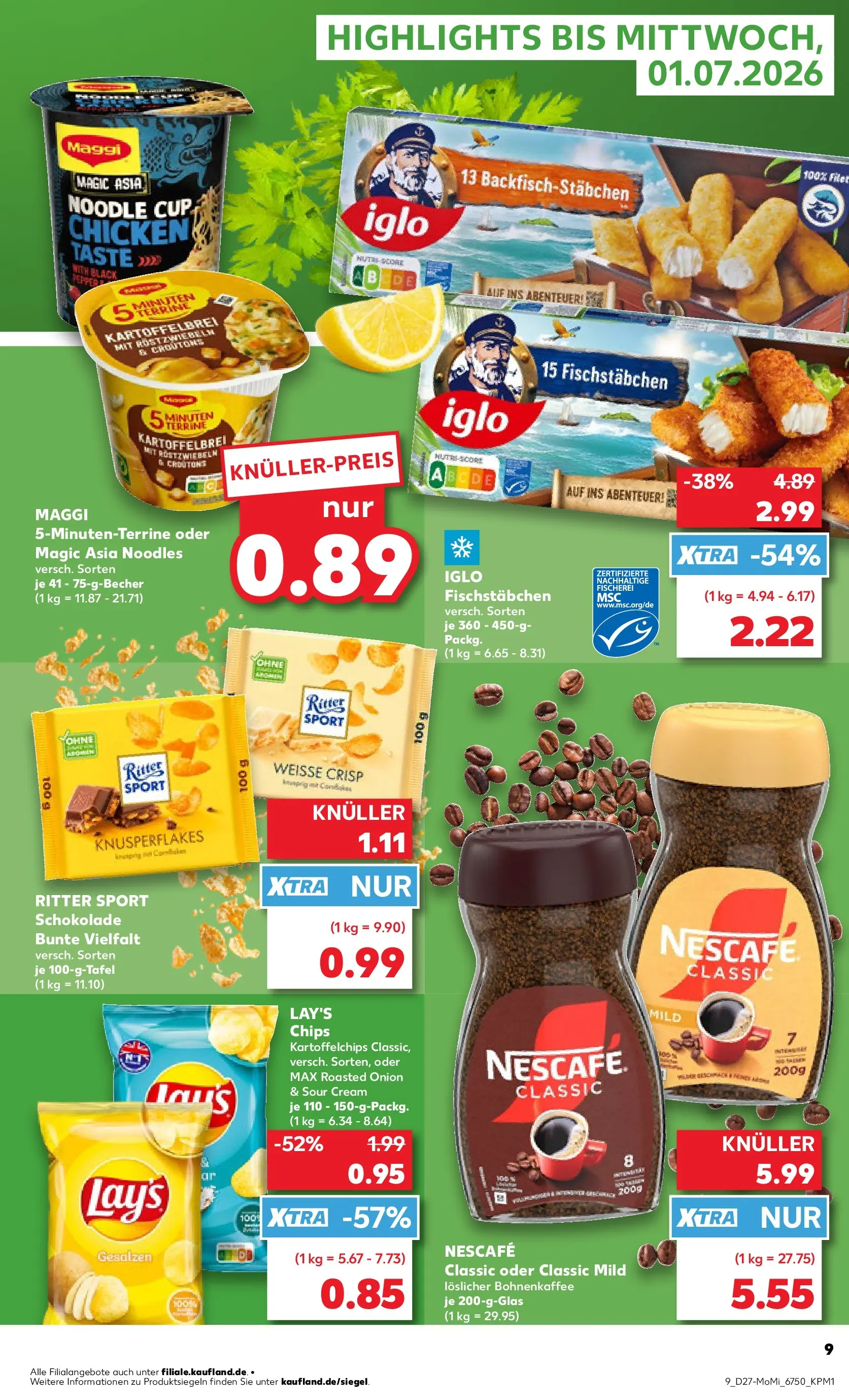 Prospekt Kaufland ab 29.06.2026 » Angebote Online zum Blättern | Seite: 9 | Produkte: Nescafe, Iglo, Ritter sport, Fischstabchen