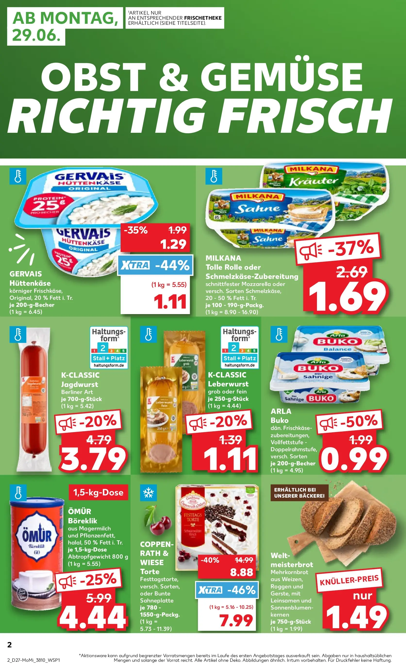 Prospekt Kaufland ab 29.06.2026 » Angebote Online zum Blättern | Seite: 2 | Produkte: Mozzarella, Gemüse, Obst, Hüttenkäse